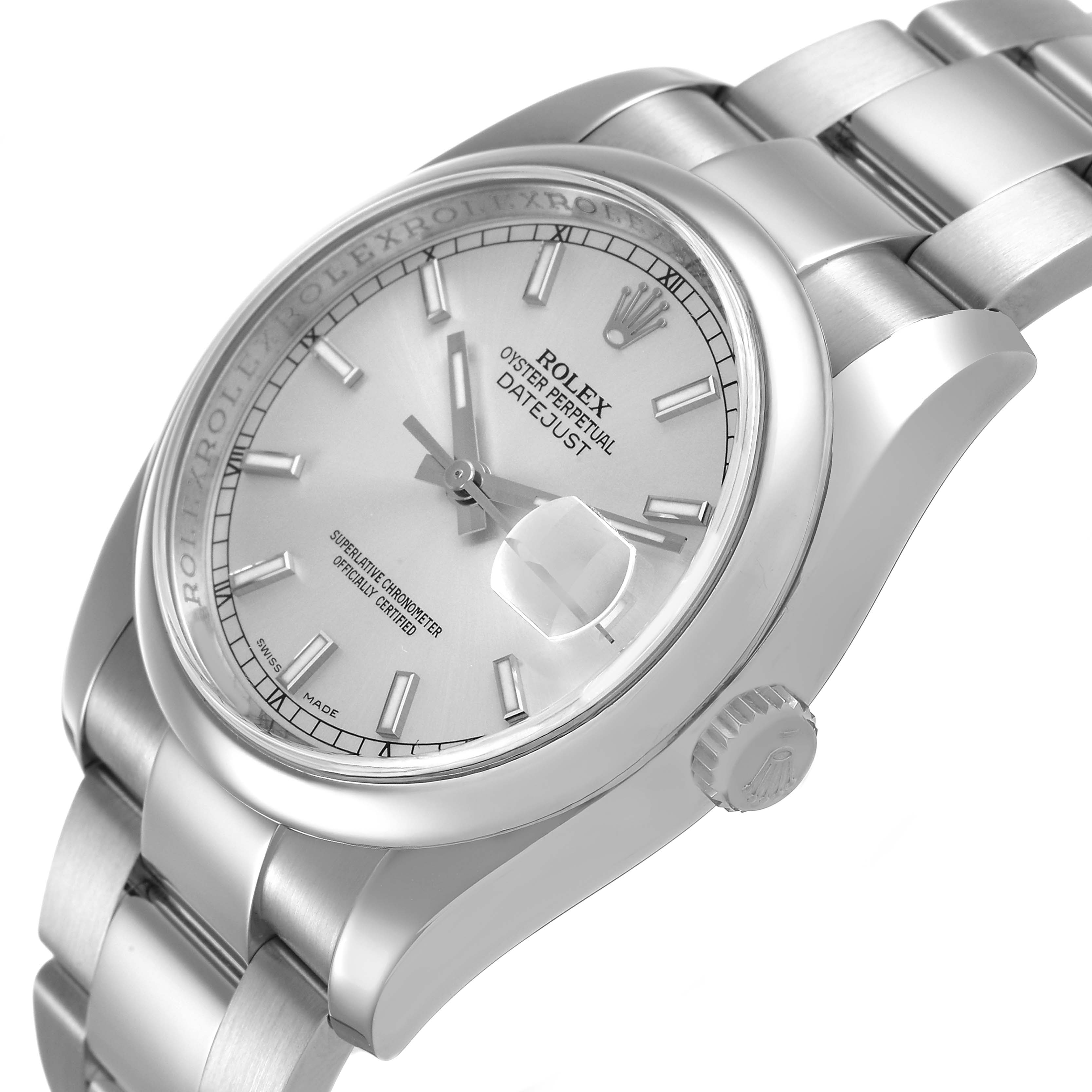 The Rolex Datejust 116200 Men's Stainless Steel Silver Dial watch is seen at an angled side view, showing the dial, bezel, case, bracelet, and crown.