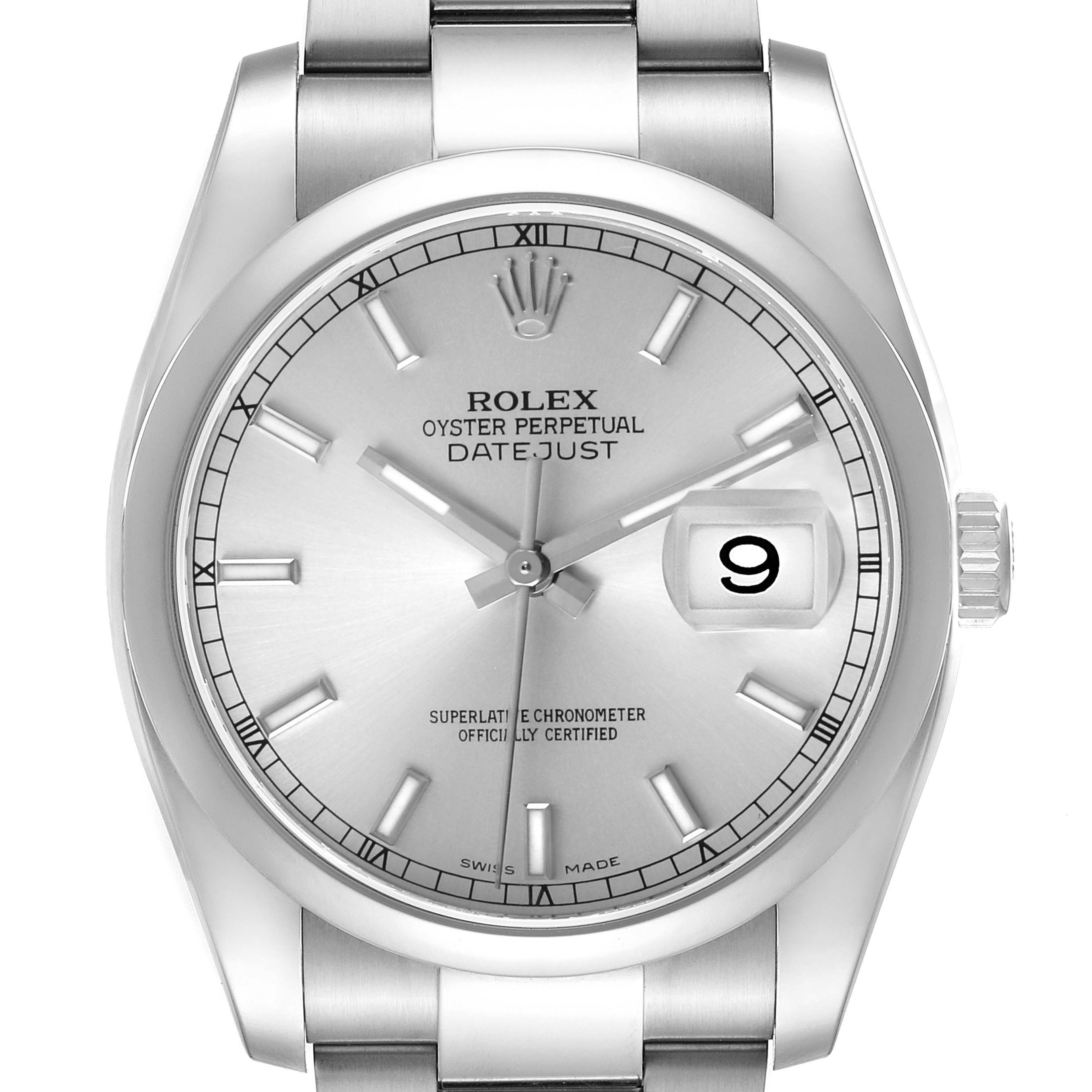 The Rolex Datejust 116200 Men's Stainless Steel Silver Dial watch is shown from a front angle highlighting the dial, bezel, and portion of the bracelet.