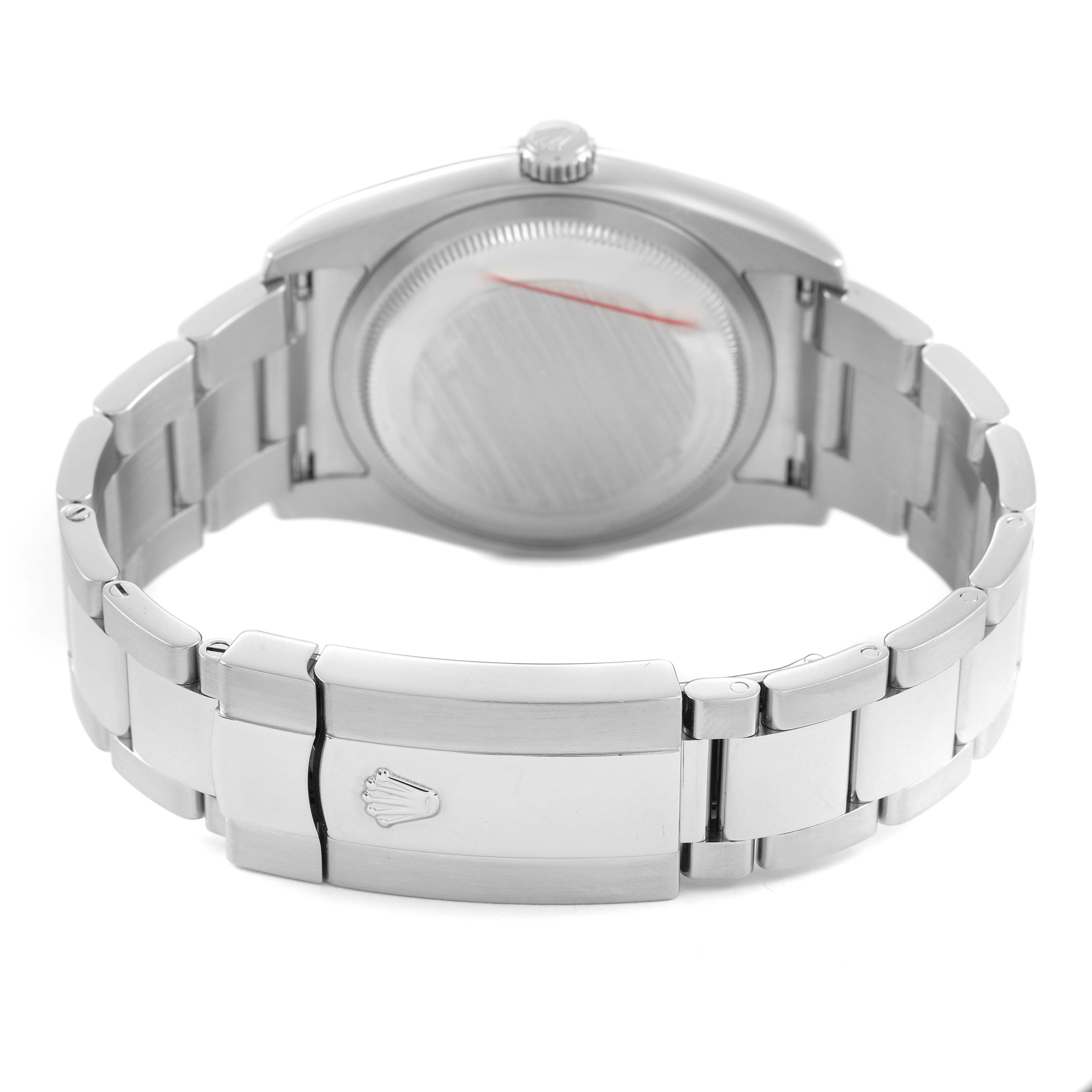 The image shows the back of a Rolex Datejust 116200 Men's Stainless Steel Silver Dial watch, featuring its bracelet and clasp with the Rolex logo.