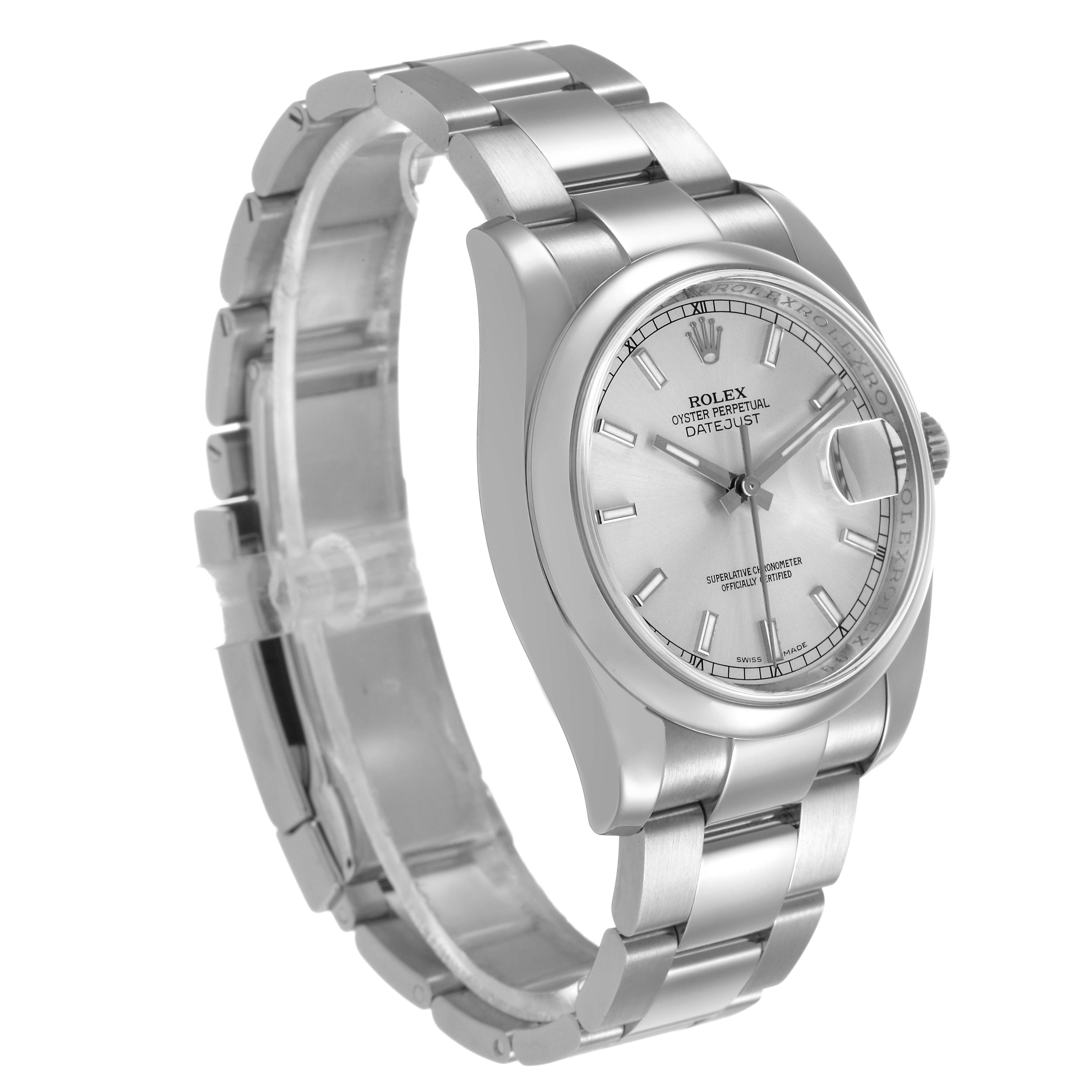 The Rolex Datejust 116200 Men's Stainless Steel Silver Dial watch is shown from a three-quarter angle, highlighting its dial, bracelet, and case.