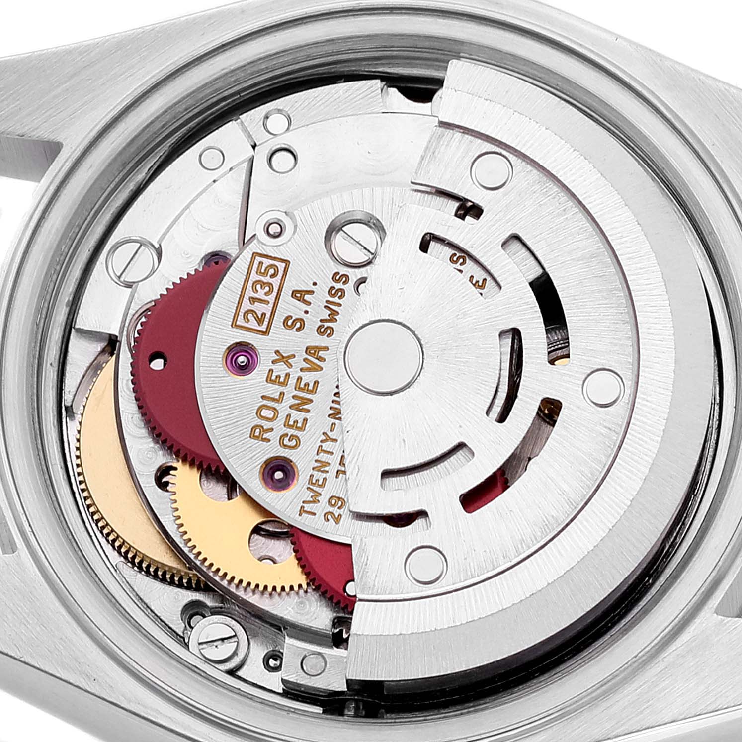 This image shows the internal mechanism of the Rolex Datejust 69174 Women's Stainless Steel Mother of Pearl Dial 69174 Women's Stainless Steel Mother of Pearl Dial watch from a top-down angle, highlighting the movement components.
