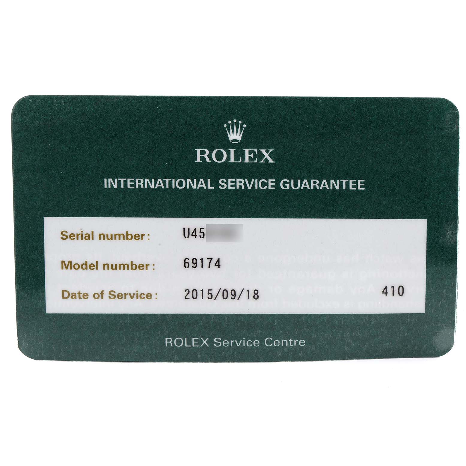 The image shows a Rolex Datejust 69174 Women's Stainless Steel Mother of Pearl Dial 69174 Women's Stainless Steel Mother of Pearl Dial model's International Service Guarantee card with details like serial number, model number, and date of service.