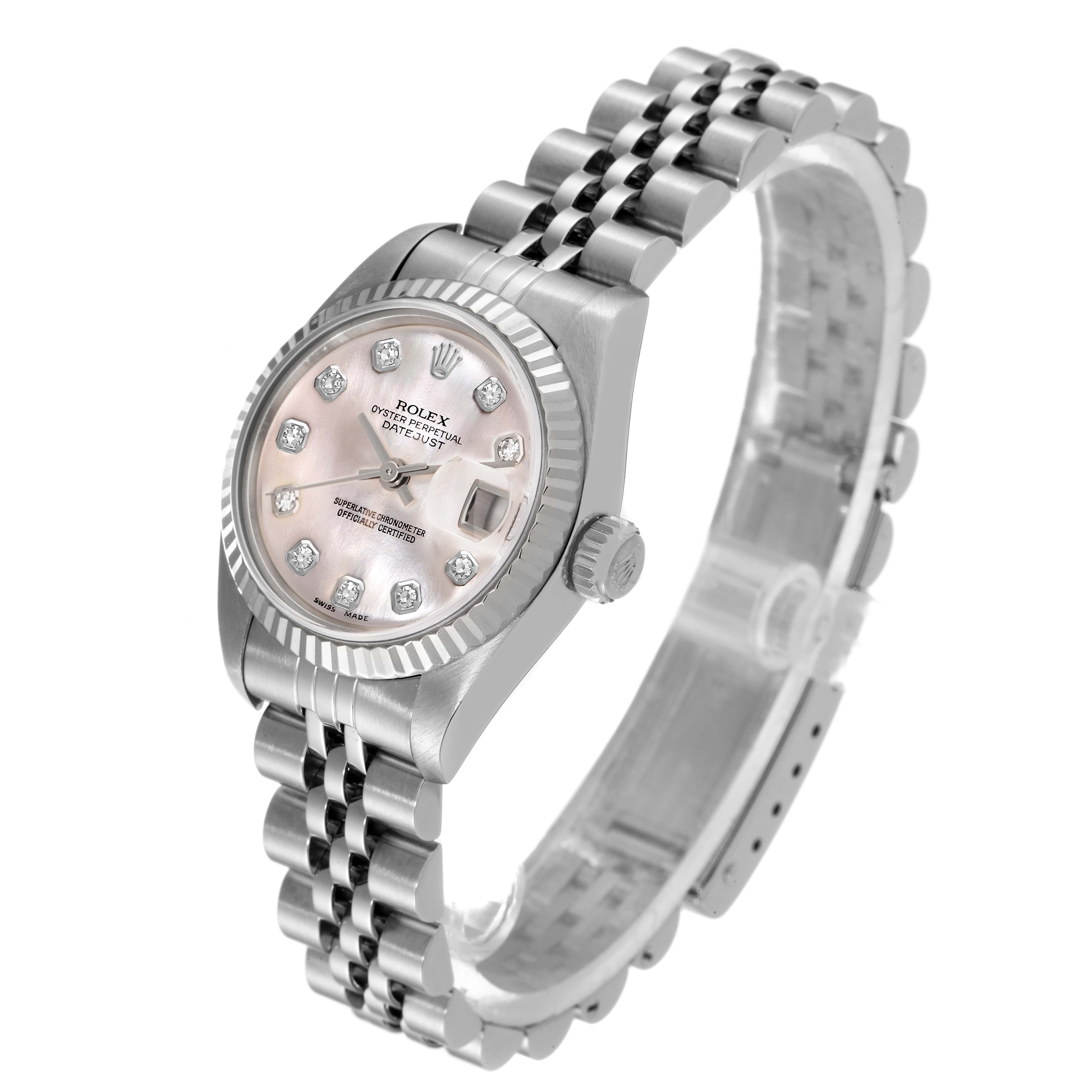 This image shows a Rolex Datejust 69174 Women's Stainless Steel Mother of Pearl Dial 69174 Women's Stainless Steel Mother of Pearl Dial watch angled slightly to the side, displaying its face, bezel, crown, and jubilee bracelet.