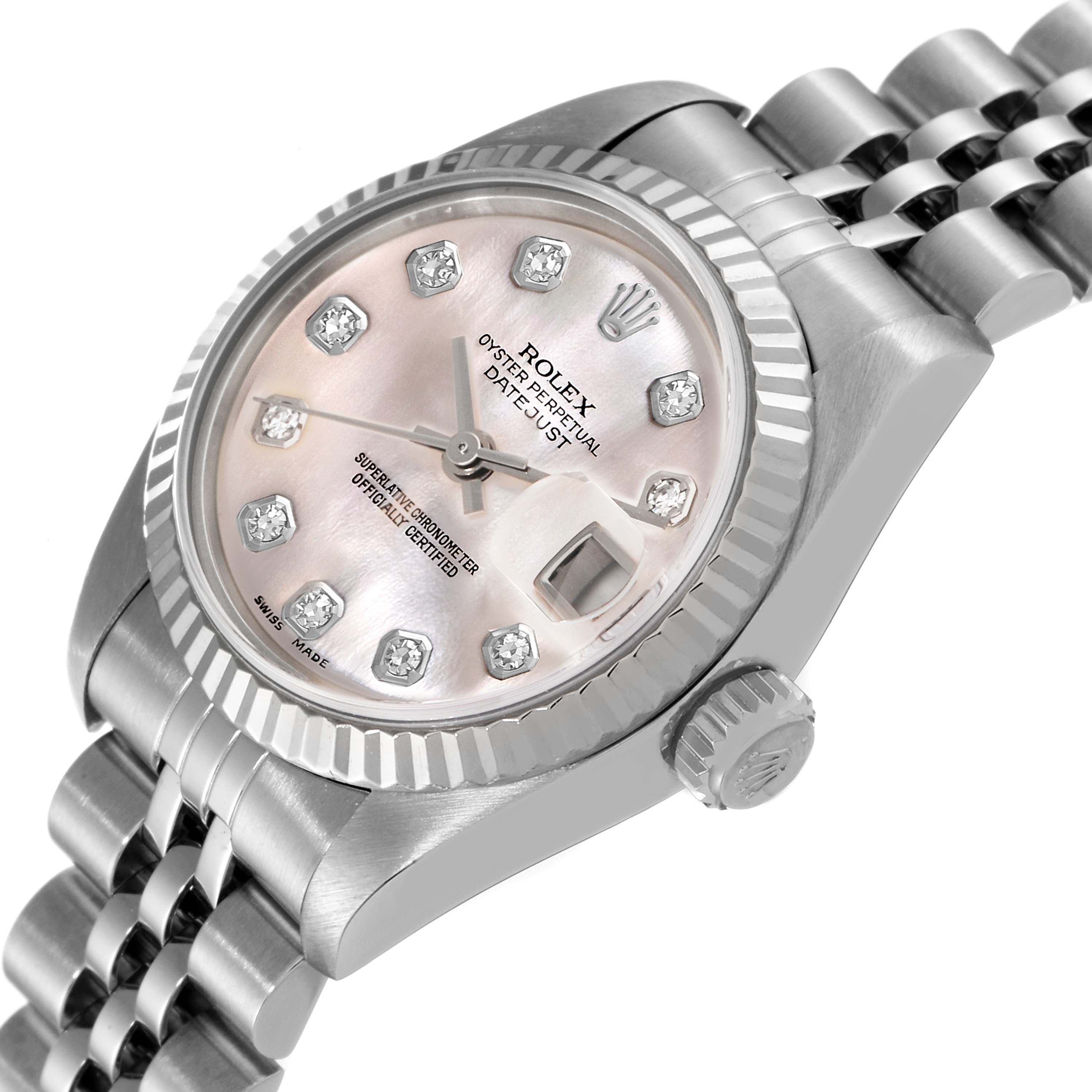 This image shows a Rolex Datejust 69174 Women's Stainless Steel Mother of Pearl Dial 69174 Women's Stainless Steel Mother of Pearl Dial watch from an angled top view, highlighting the face, bezel, and part of the bracelet.
