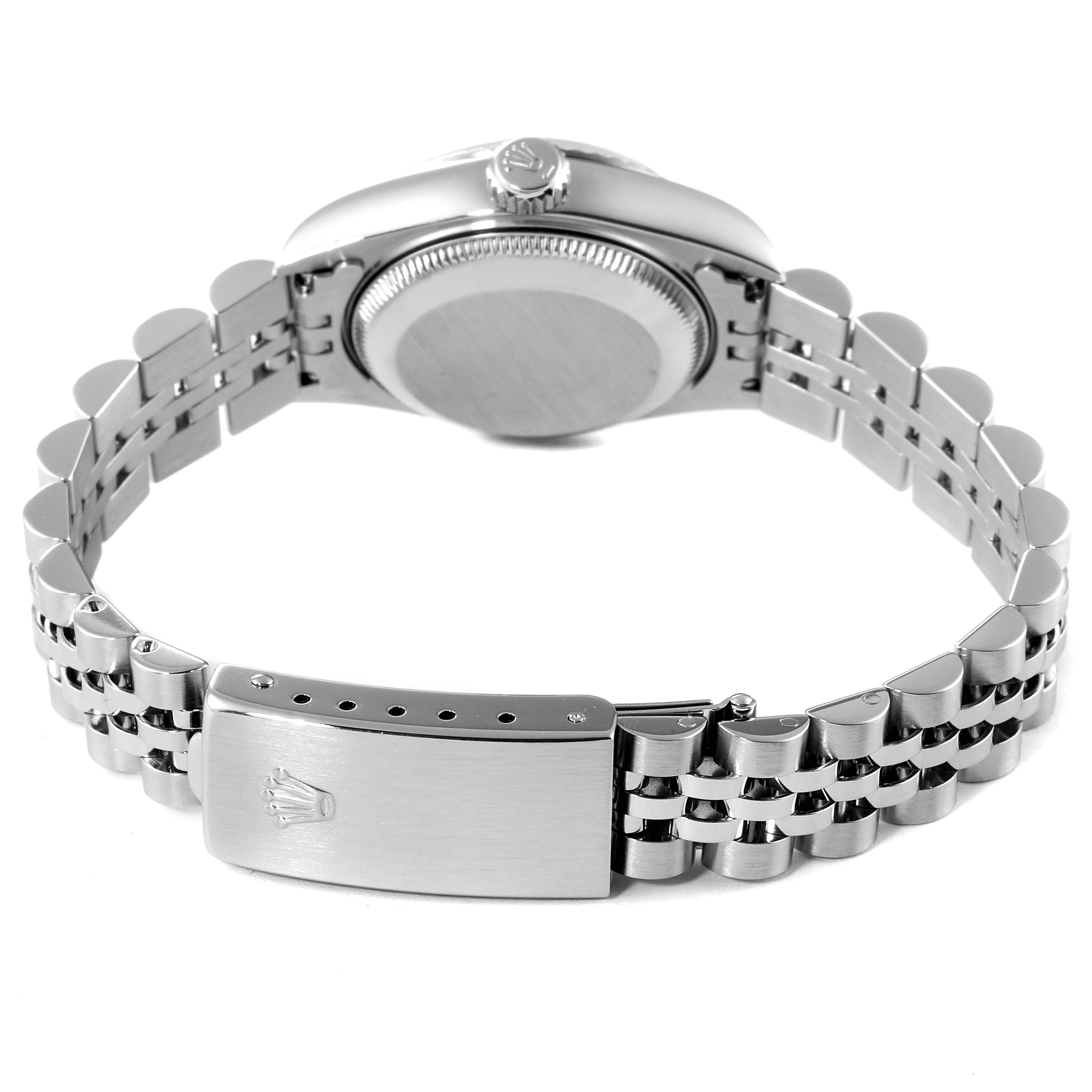 This image shows the back casing and Jubilee bracelet of a Rolex Datejust 69174 Women's Stainless Steel Mother of Pearl Dial 69174 Women's Stainless Steel Mother of Pearl Dial watch from a rear angle.