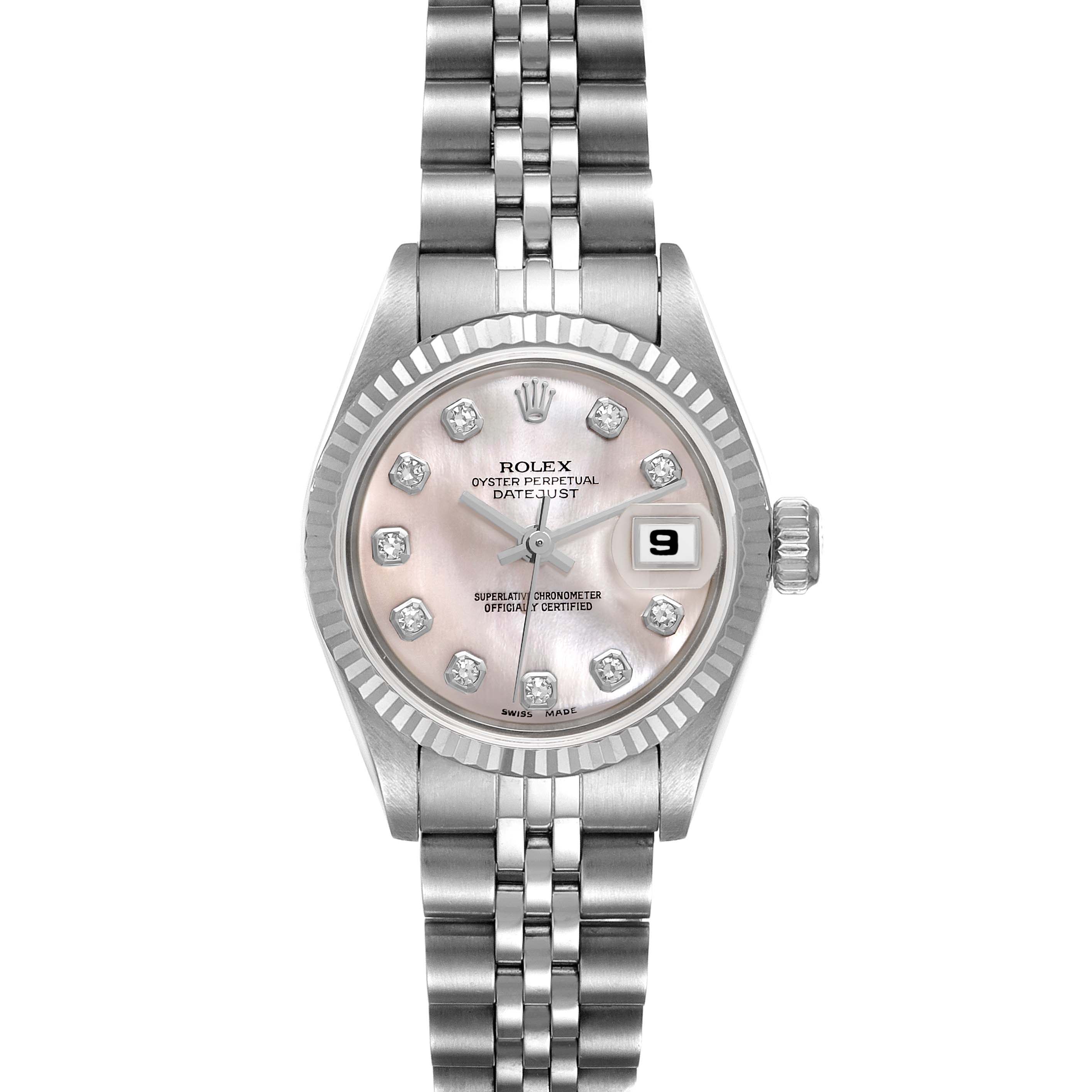 The image shows a front view of the Rolex Datejust 69174 Women's Stainless Steel Mother of Pearl Dial 69174 Women's Stainless Steel Mother of Pearl Dial watch, displaying its face, fluted bezel, and bracelet.
