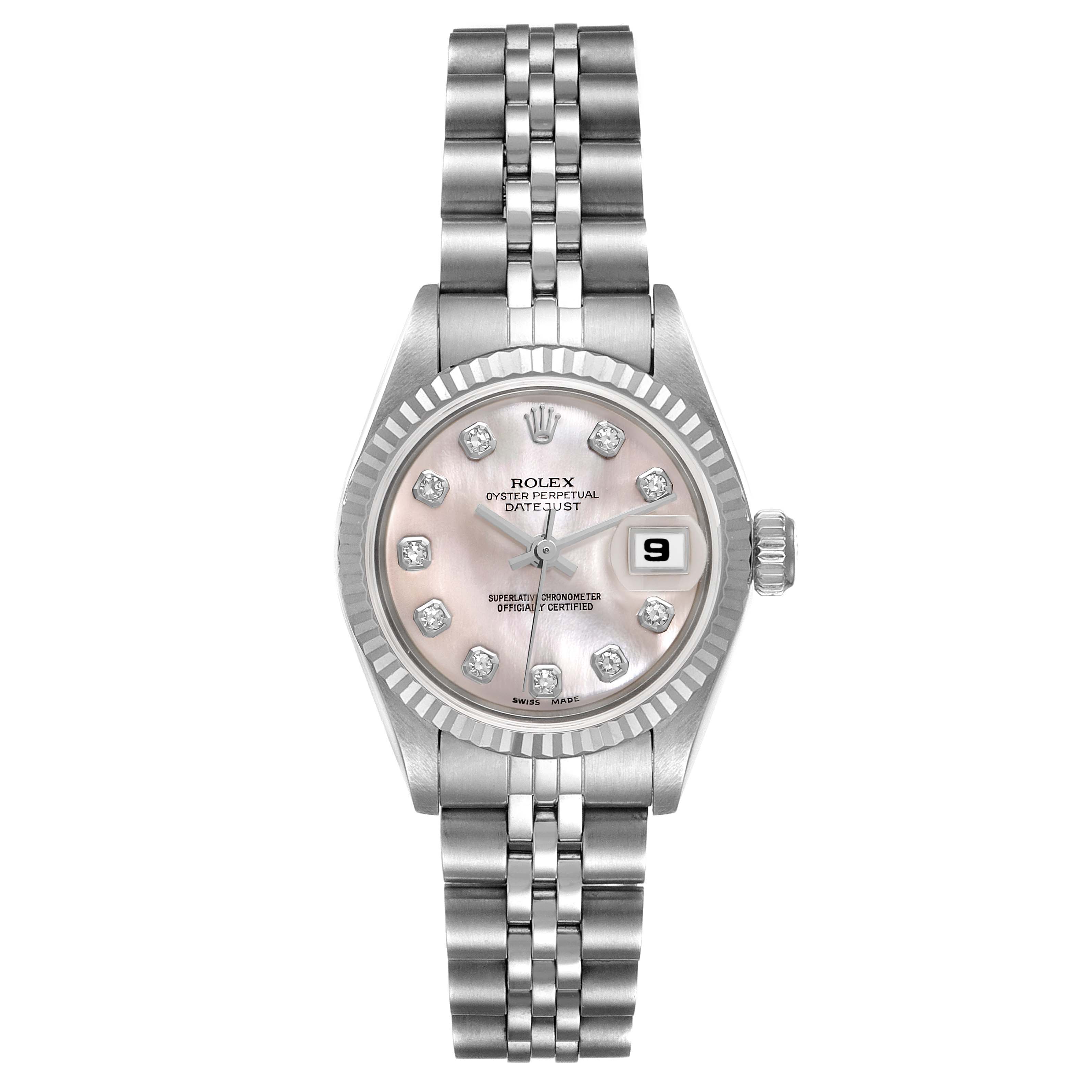 The image shows a frontal view of a Rolex Datejust 69174 Women's Stainless Steel Mother of Pearl Dial 69174 Women's Stainless Steel Mother of Pearl Dial watch, highlighting the dial, hands, date window, and bracelet.