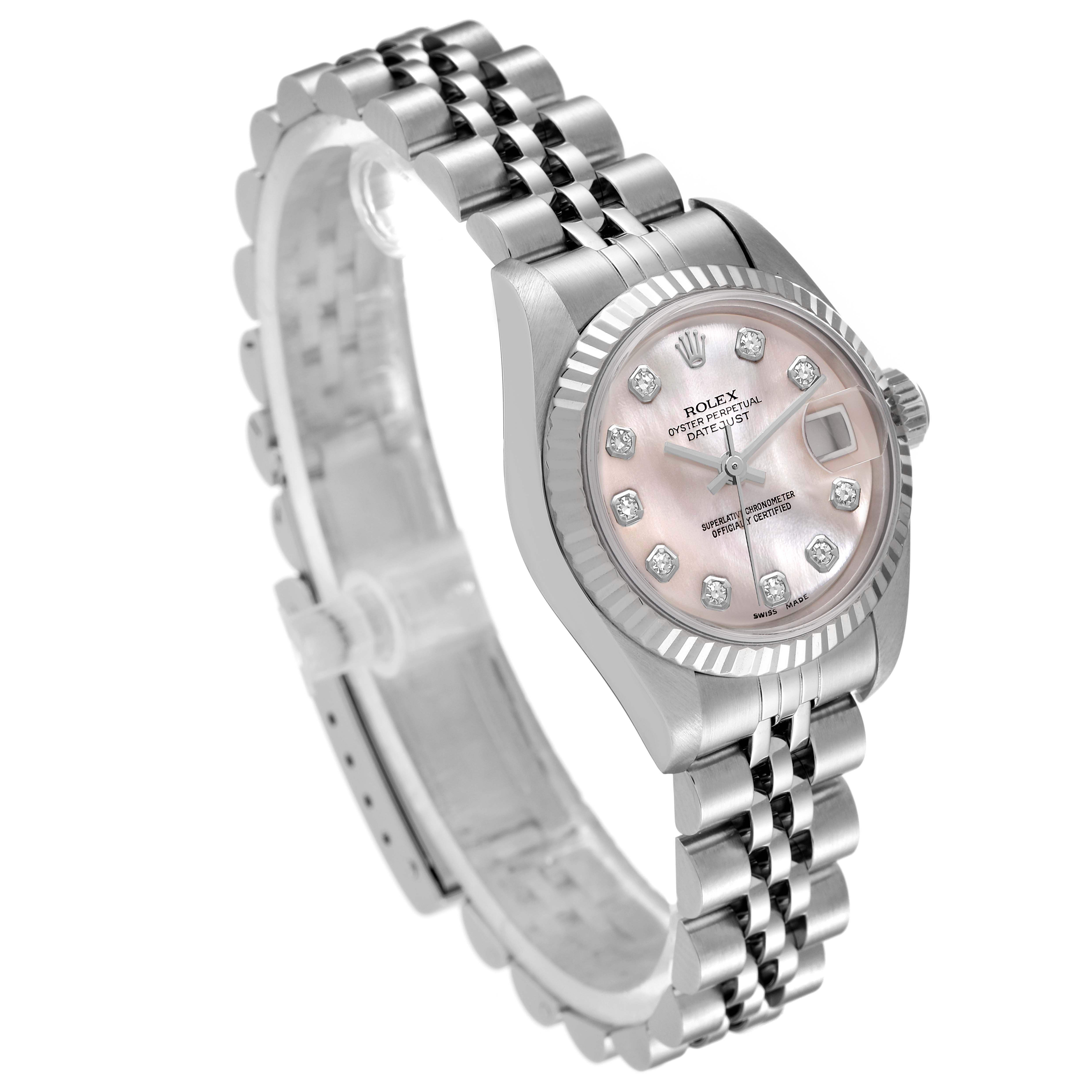 The Rolex Datejust 69174 Women's Stainless Steel Mother of Pearl Dial 69174 Women's Stainless Steel Mother of Pearl Dial watch is shown at a three-quarter angle, highlighting the watch face, bezel, and bracelet.