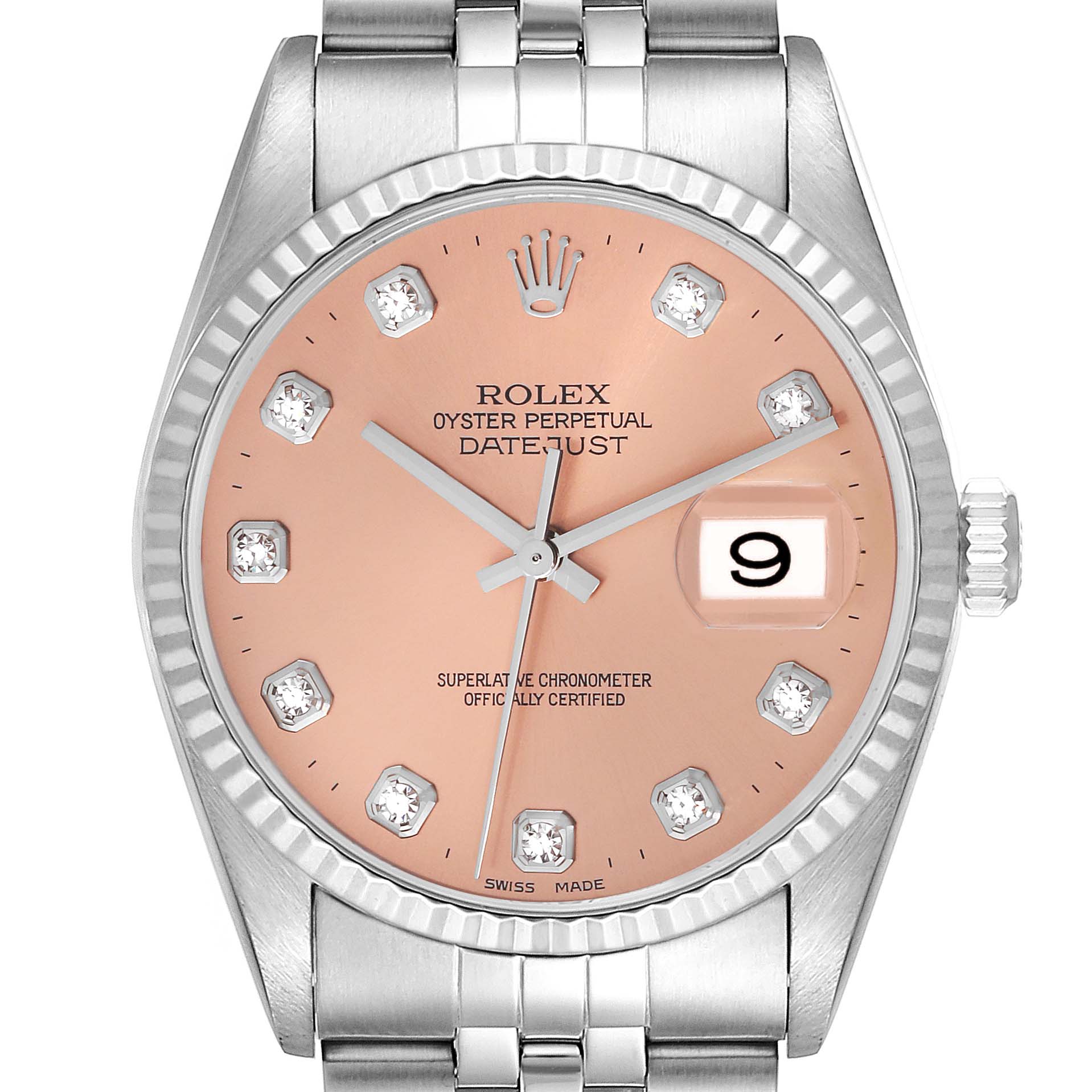 This image shows a front view of a Rolex Datejust 16234 Men's Stainless Steel Pink Dial 16234 Men's Stainless Steel Pink Dial watch, featuring a fluted bezel, jubilee bracelet, and a date window at 3 o'clock.