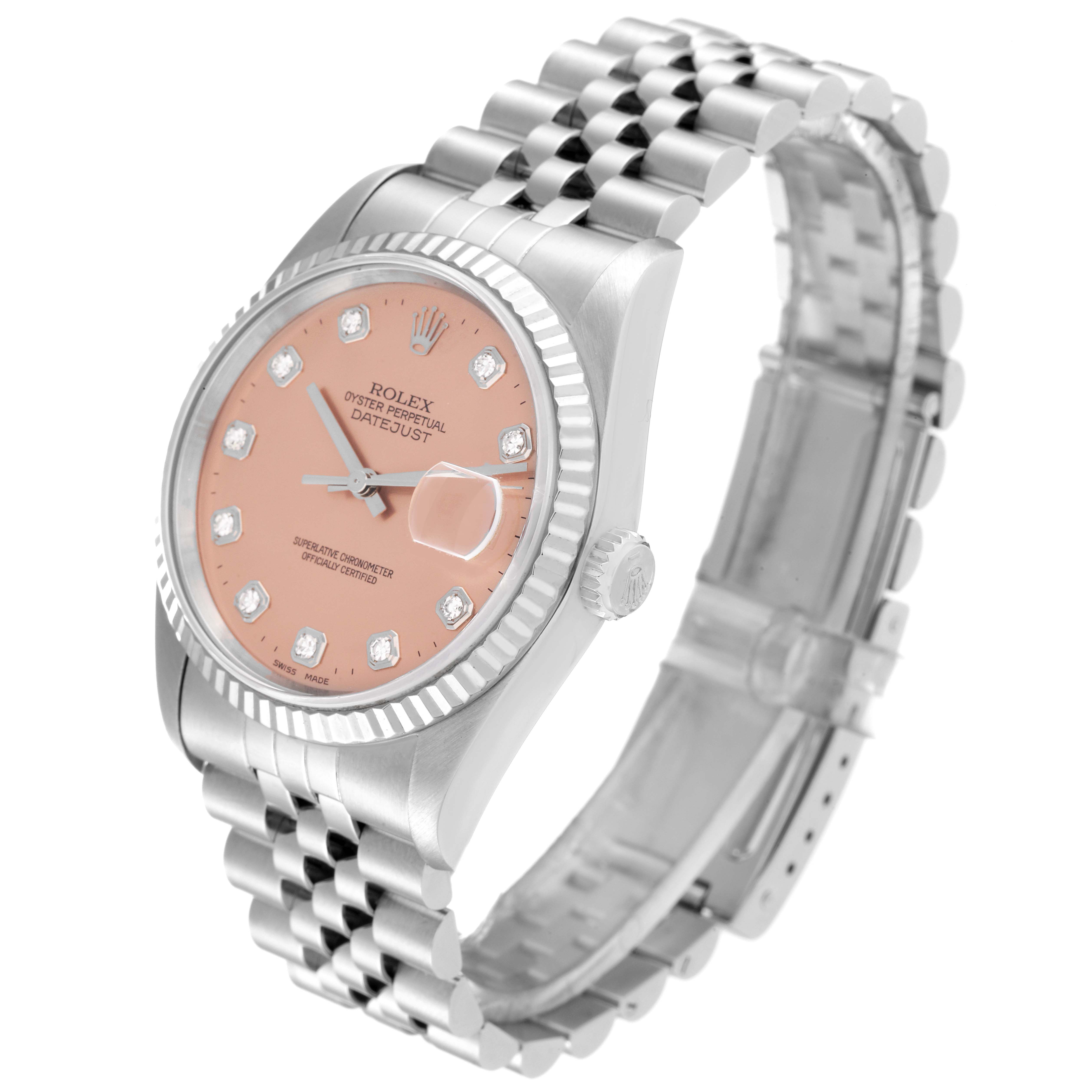 The image shows a Rolex Datejust 16234 Men's Stainless Steel Pink Dial 16234 Men's Stainless Steel Pink Dial watch at an angle highlighting the face, crown, and partially extended Jubilee bracelet.