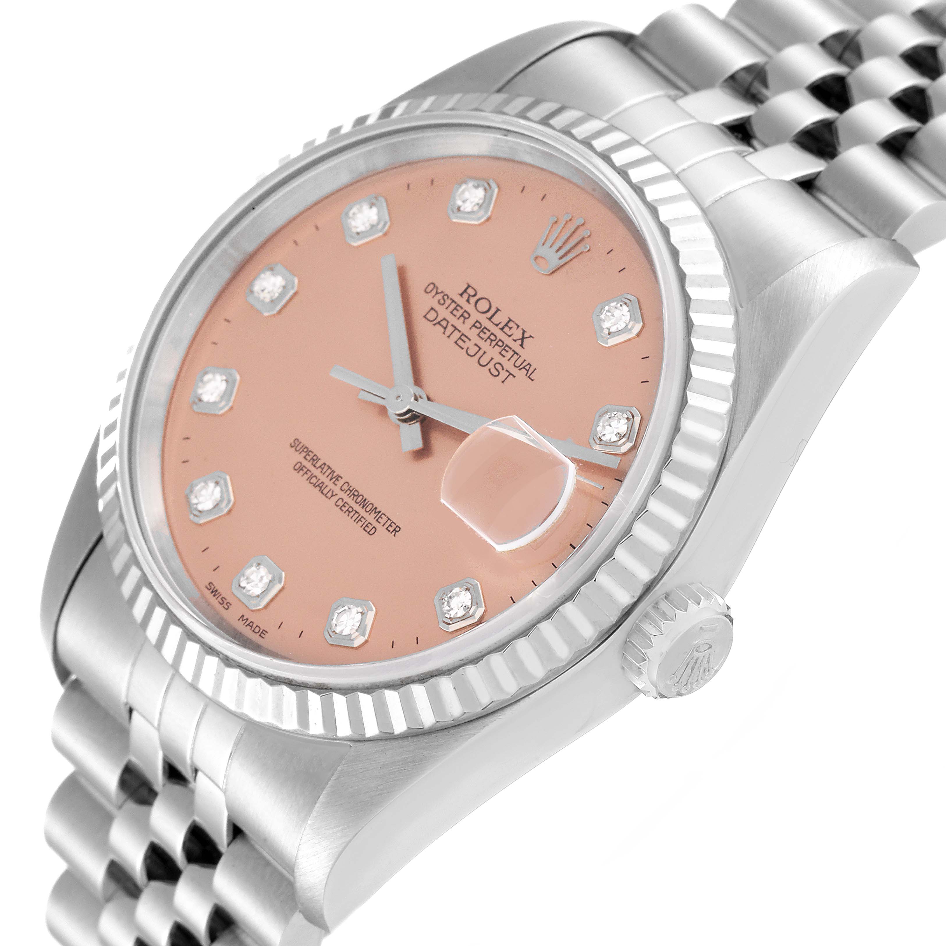 The image shows the face, bezel, and crown of a Rolex Datejust 16234 Men's Stainless Steel Pink Dial 16234 Men's Stainless Steel Pink Dial watch with a pink dial and diamond hour markers at an angled view.