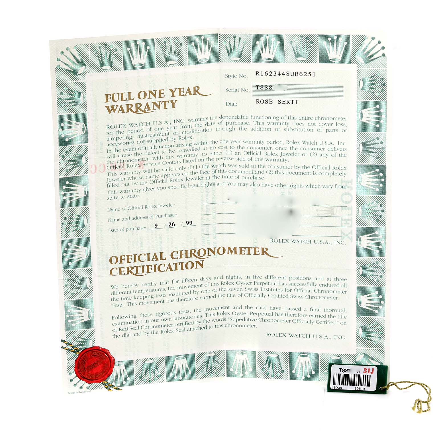 The image shows a full one-year warranty and official chronometer certification for a Rolex Datejust 16234 Men's Stainless Steel Pink Dial 16234 Men's Stainless Steel Pink Dial model.