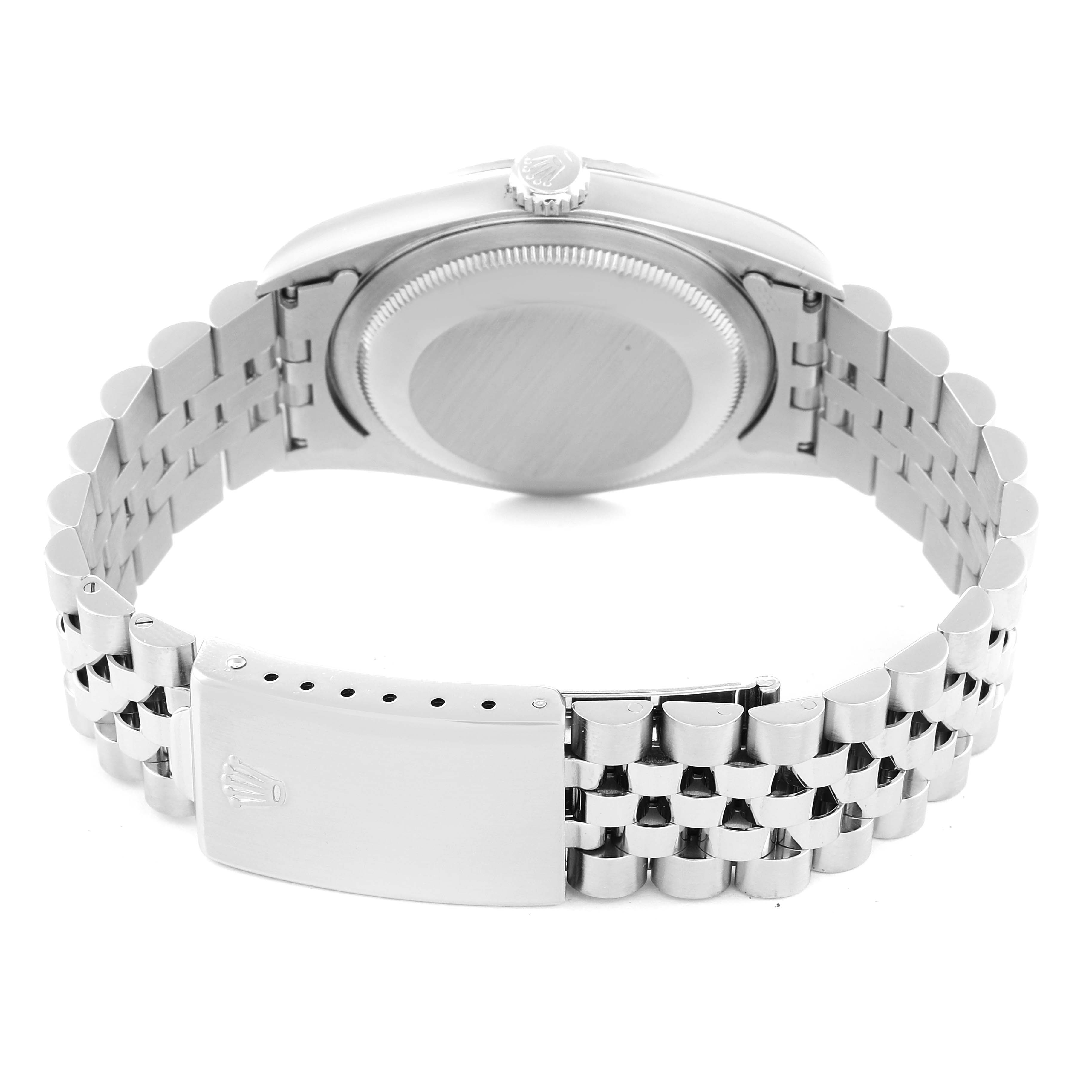 The image shows the back view of a Rolex Datejust 16234 Men's Stainless Steel Pink Dial 16234 Men's Stainless Steel Pink Dial watch, displaying the case back and the jubilee bracelet with clasp.