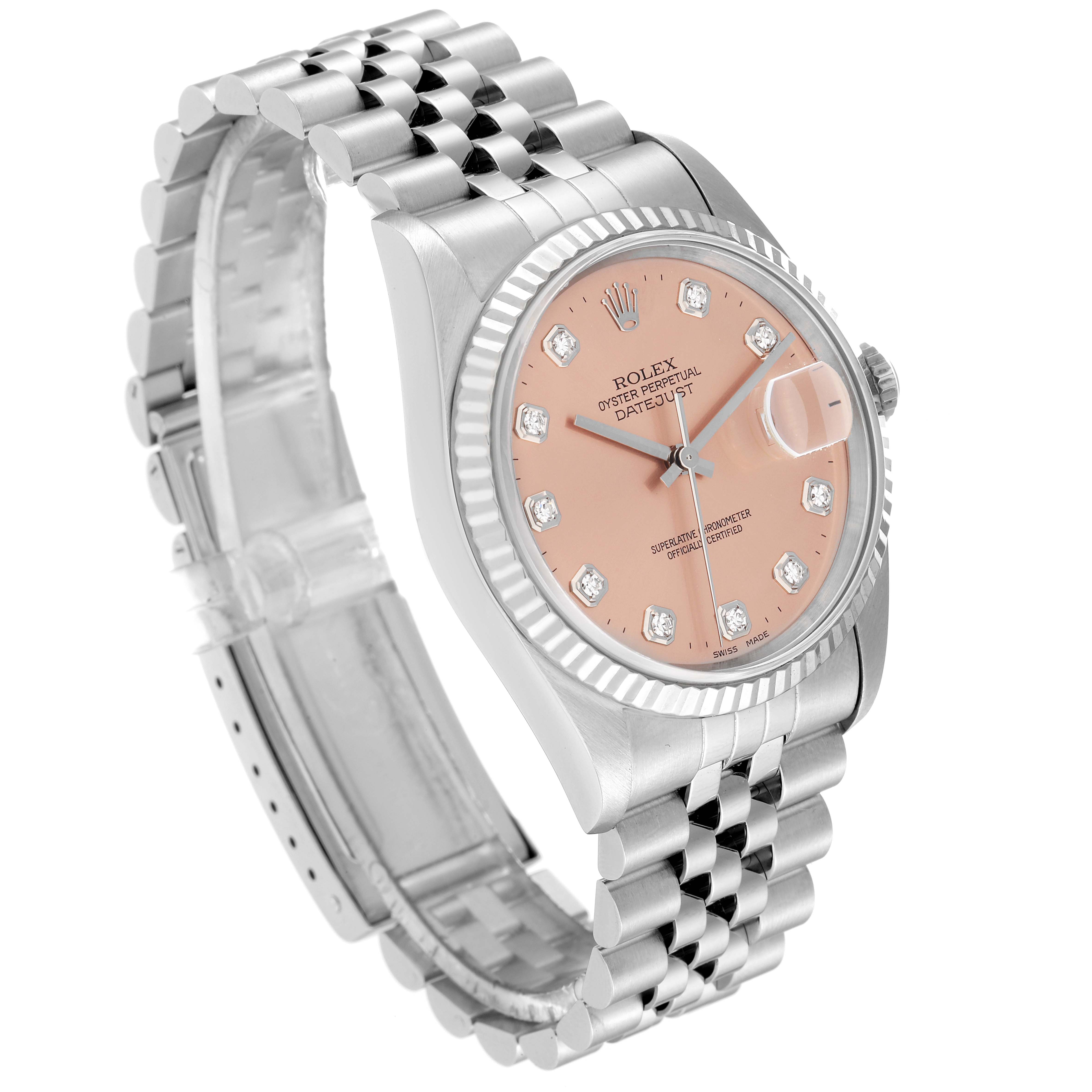 This image shows the Rolex Datejust 16234 Men's Stainless Steel Pink Dial 16234 Men's Stainless Steel Pink Dial watch at an angle displaying the dial, bezel, crown, and jubilee bracelet.