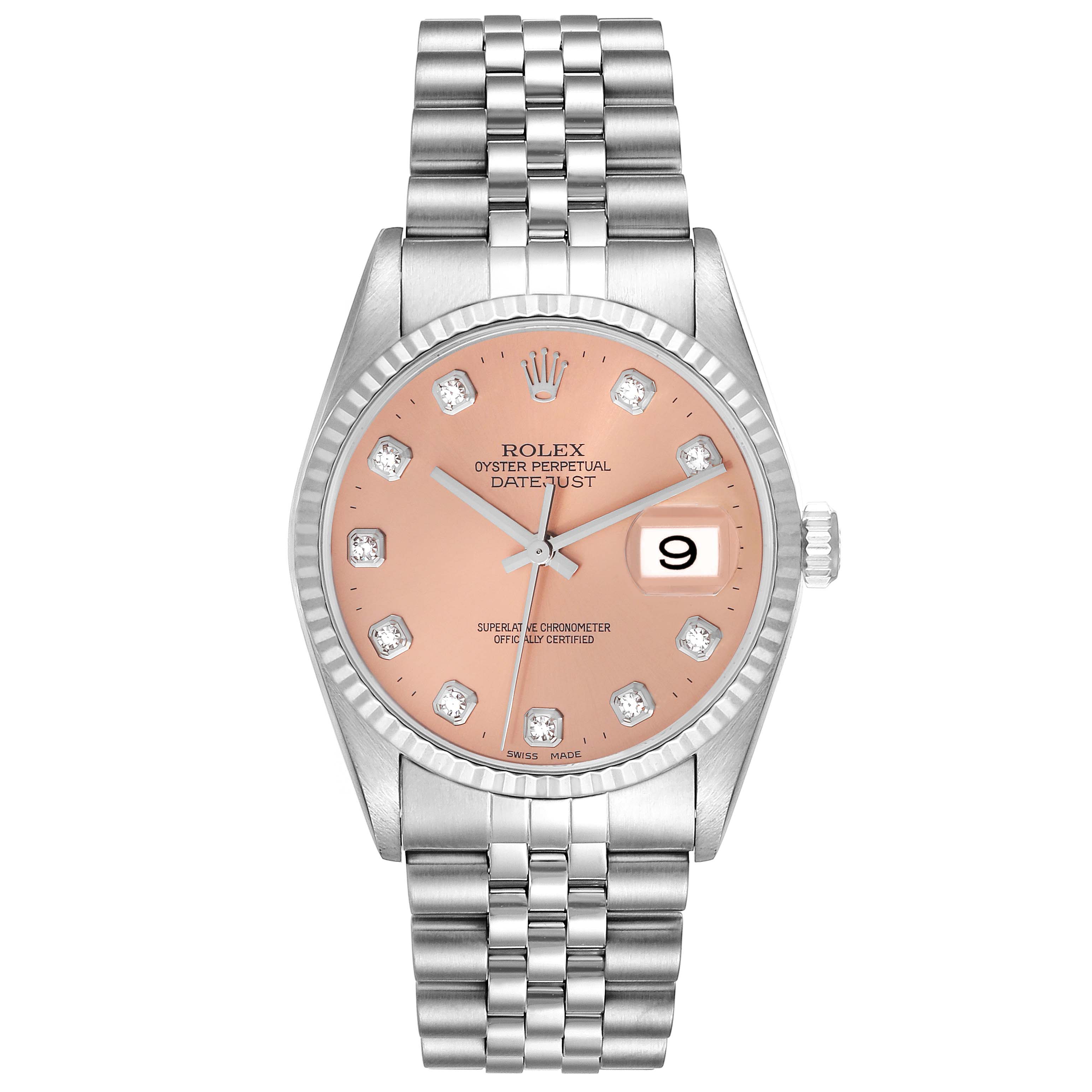 The image shows a front view of a Rolex Datejust 16234 Men's Stainless Steel Pink Dial 16234 Men's Stainless Steel Pink Dial watch with a pink dial and silver bracelet.