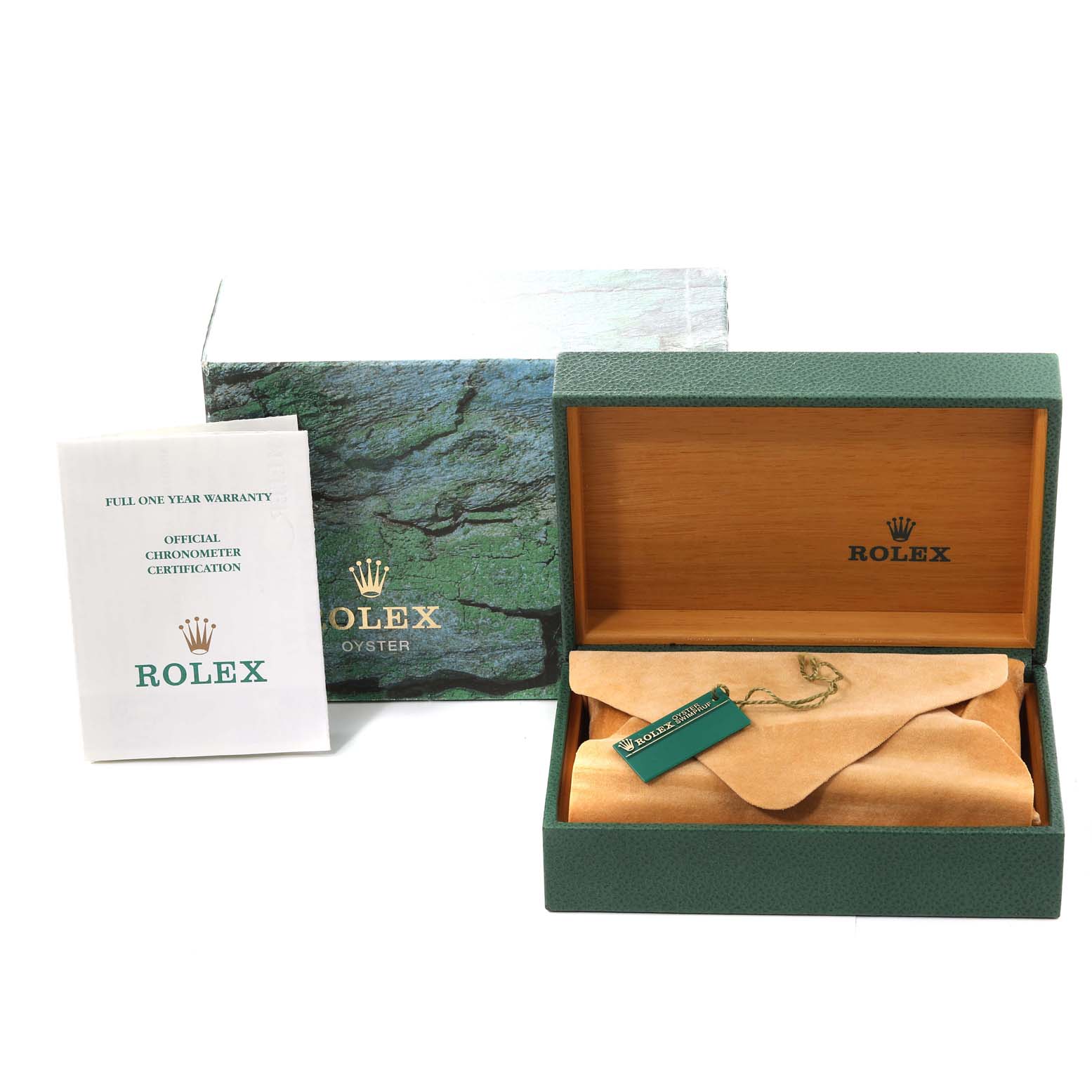 The image shows the packaging, warranty booklet, and empty box of a Rolex Datejust 16234 Men's Stainless Steel Pink Dial 16234 Men's Stainless Steel Pink Dial model watch.