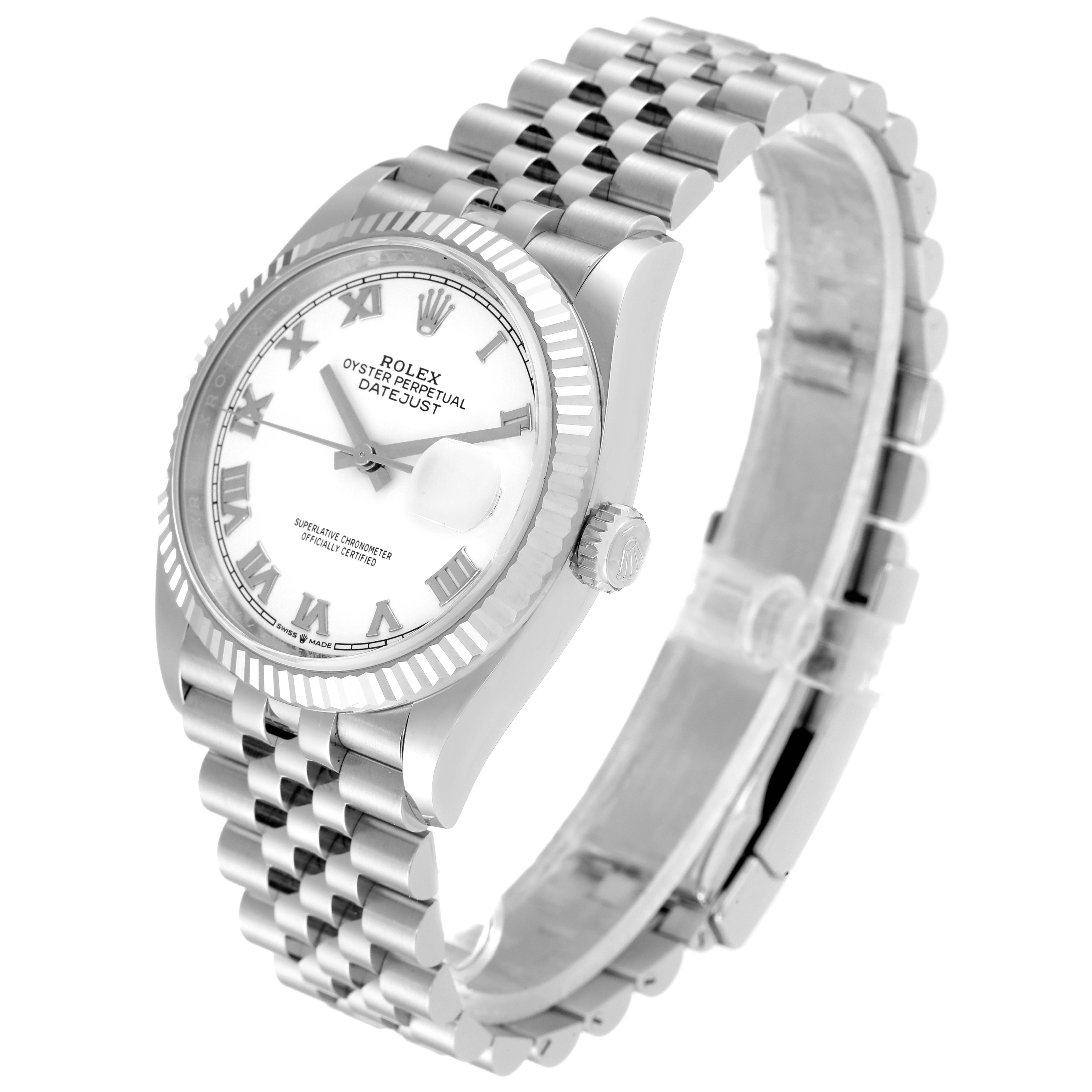The image shows a Rolex Datejust 126234 Men's Stainless Steel White Dial 126234 Men's Stainless Steel White Dial watch angled from the front left side, showcasing its face, bezel, crown, and Jubilee bracelet.