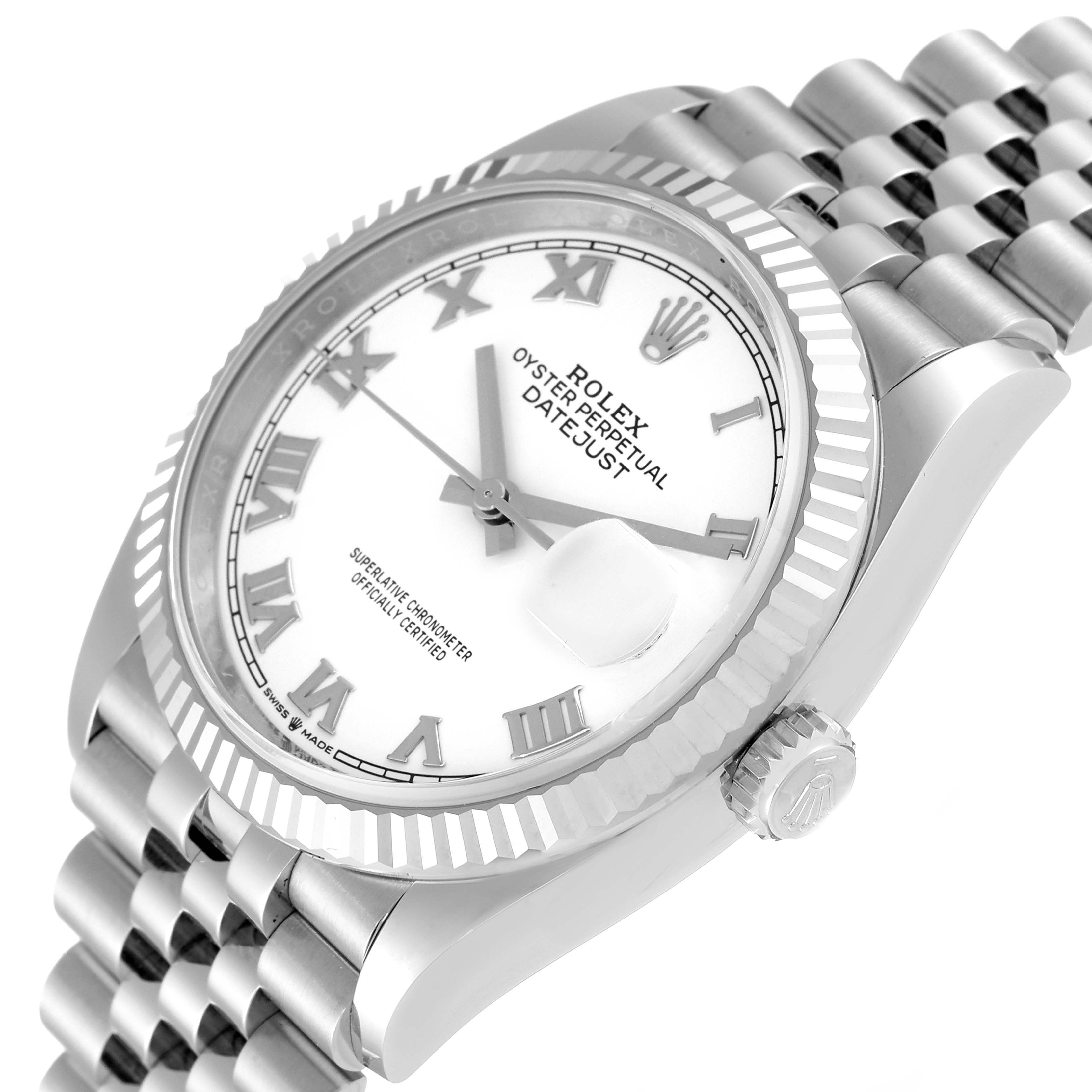 This image shows a close-up angle of a Rolex Datejust 126234 Men's Stainless Steel White Dial 126234 Men's Stainless Steel White Dial watch, highlighting its white dial, Roman numerals, fluted bezel, and jubilee bracelet.