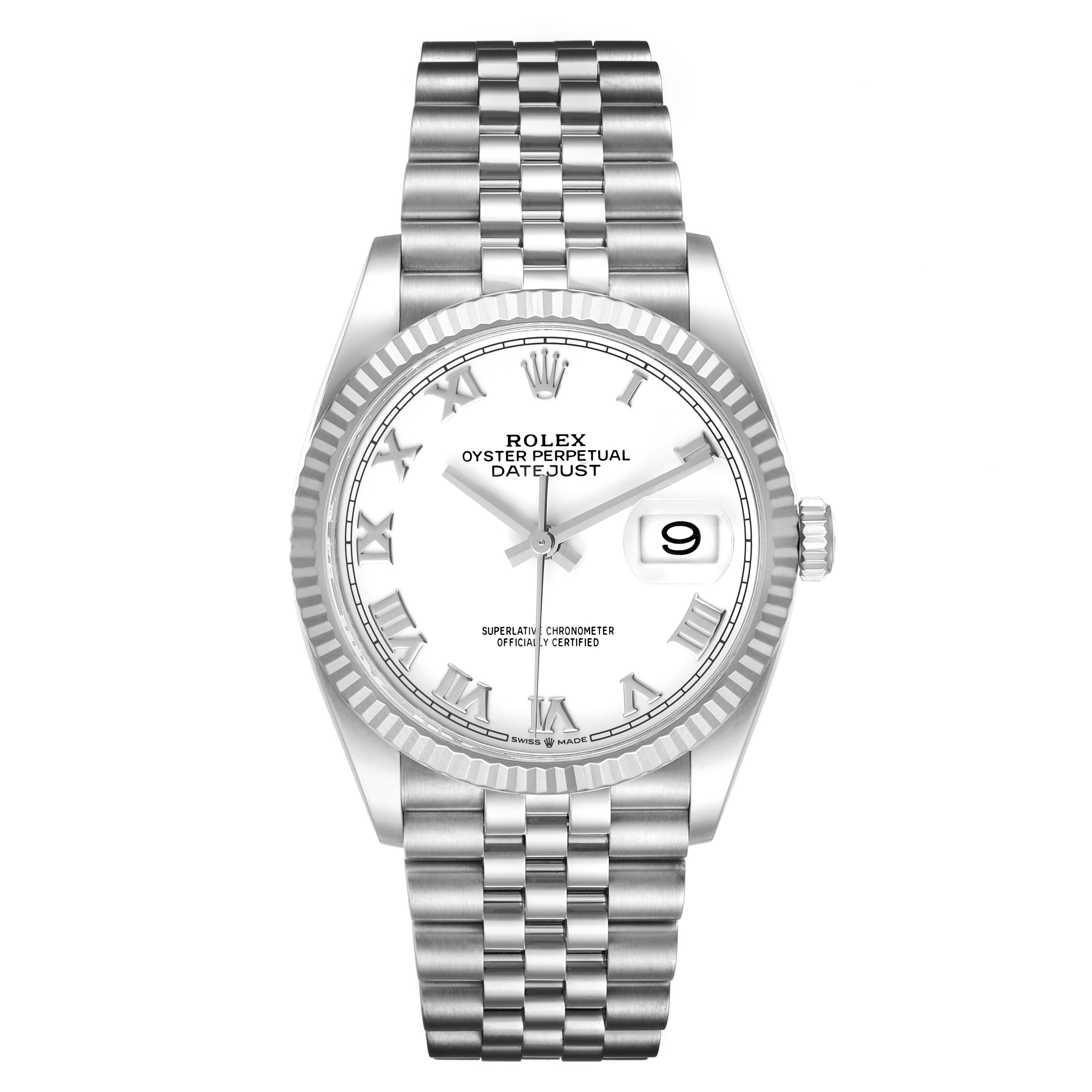 The image shows a front view of a Rolex Datejust 126234 Men's Stainless Steel White Dial 126234 Men's Stainless Steel White Dial watch, displaying the dial, hands, date window, and bracelet.