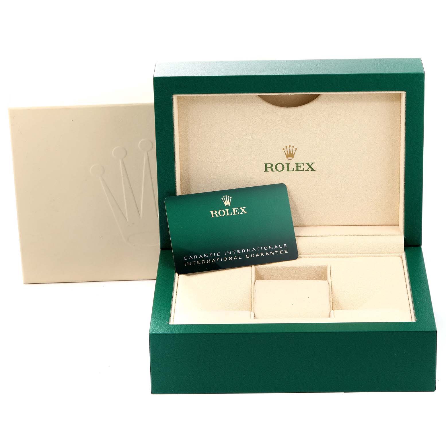 This image shows an open Rolex Datejust 126234 Men's Stainless Steel White Dial 126234 Men's Stainless Steel White Dial watch box and guarantee card from a front angle with a partially closed outer box.