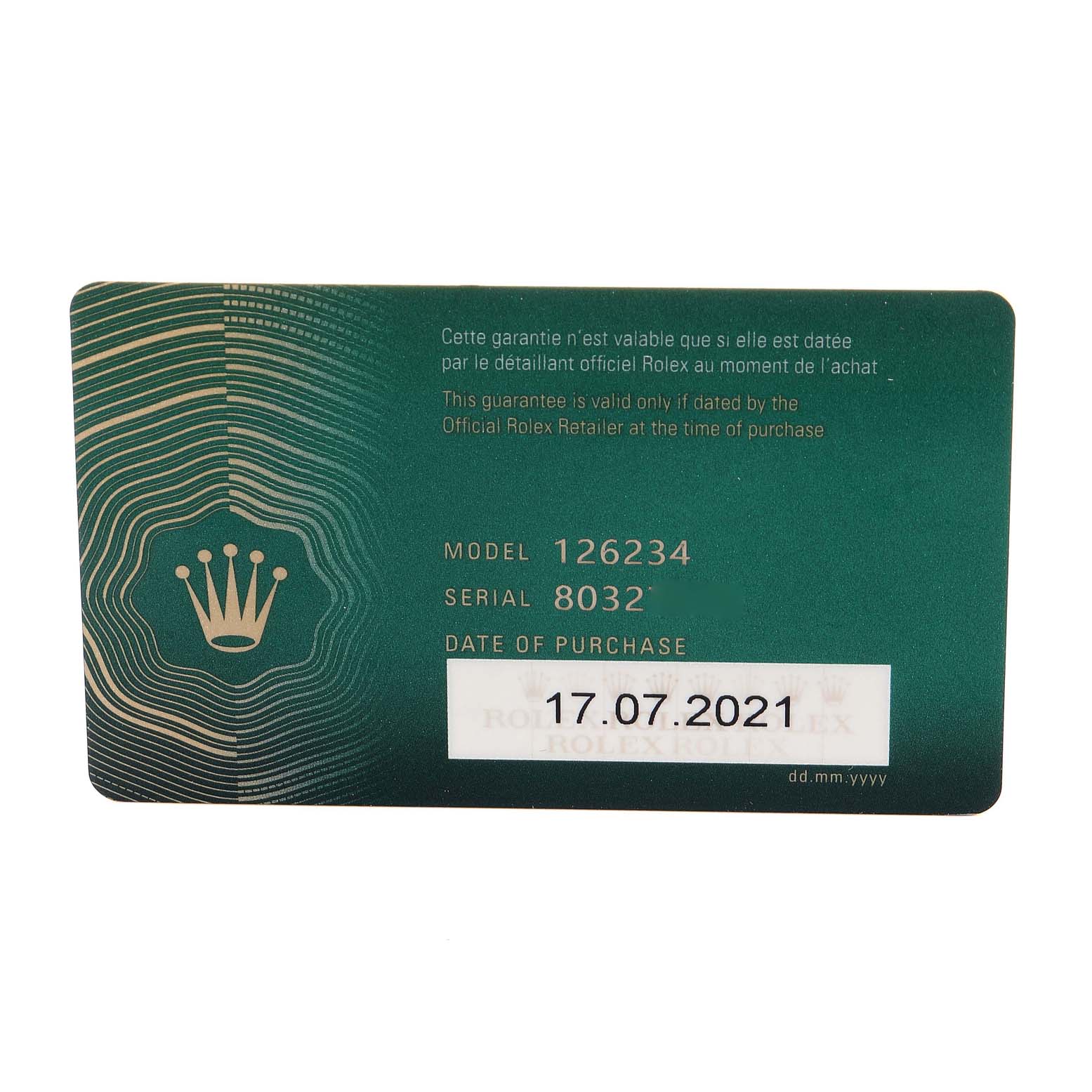 This is a close-up image of a Rolex Datejust 126234 Men's Stainless Steel White Dial 126234 Men's Stainless Steel White Dial warranty card showing the model number 126234 and purchase date 17.07.2021.