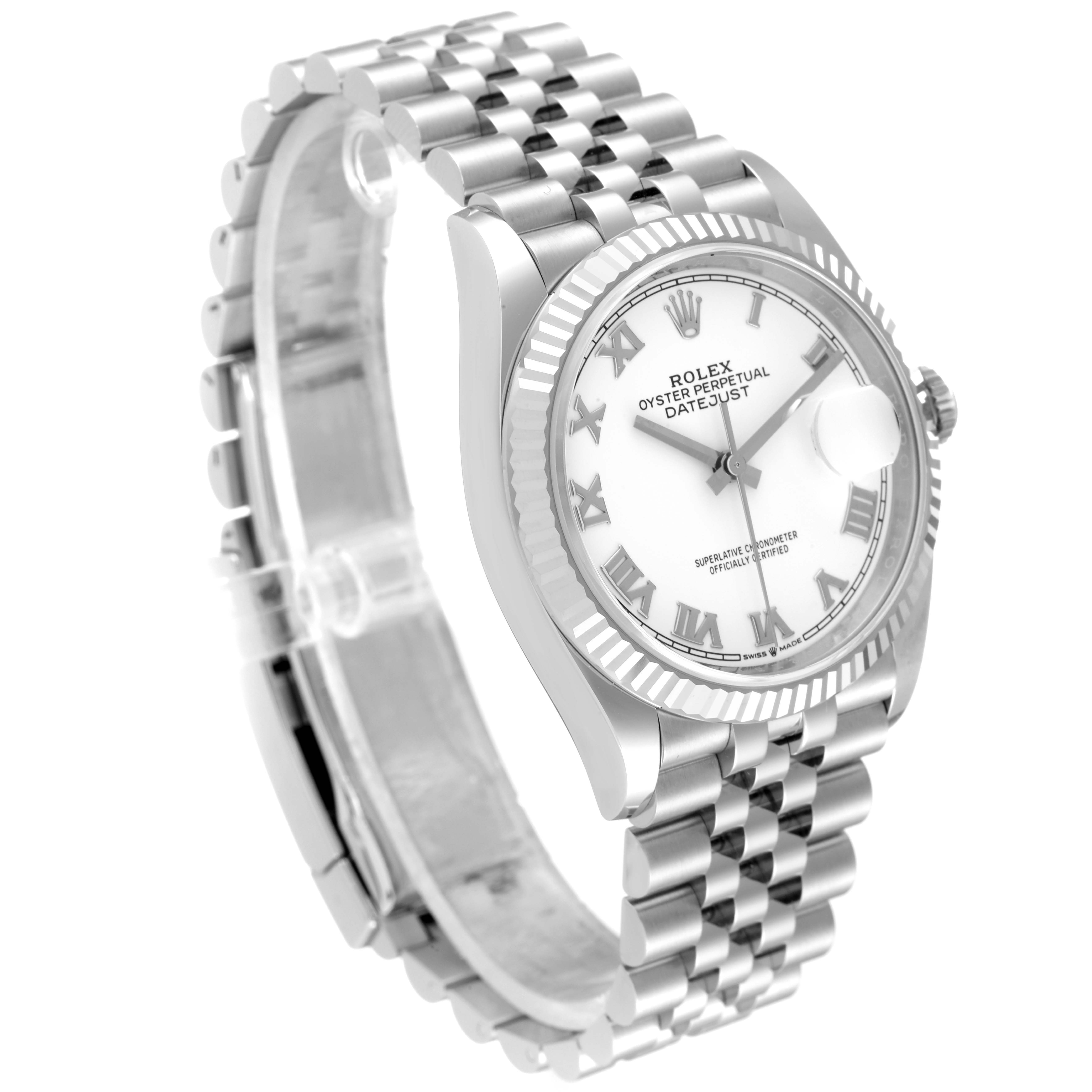 The image shows a Rolex Datejust 126234 Men's Stainless Steel White Dial 126234 Men's Stainless Steel White Dial watch from an angled perspective displaying the face, bezel, and part of the bracelet.