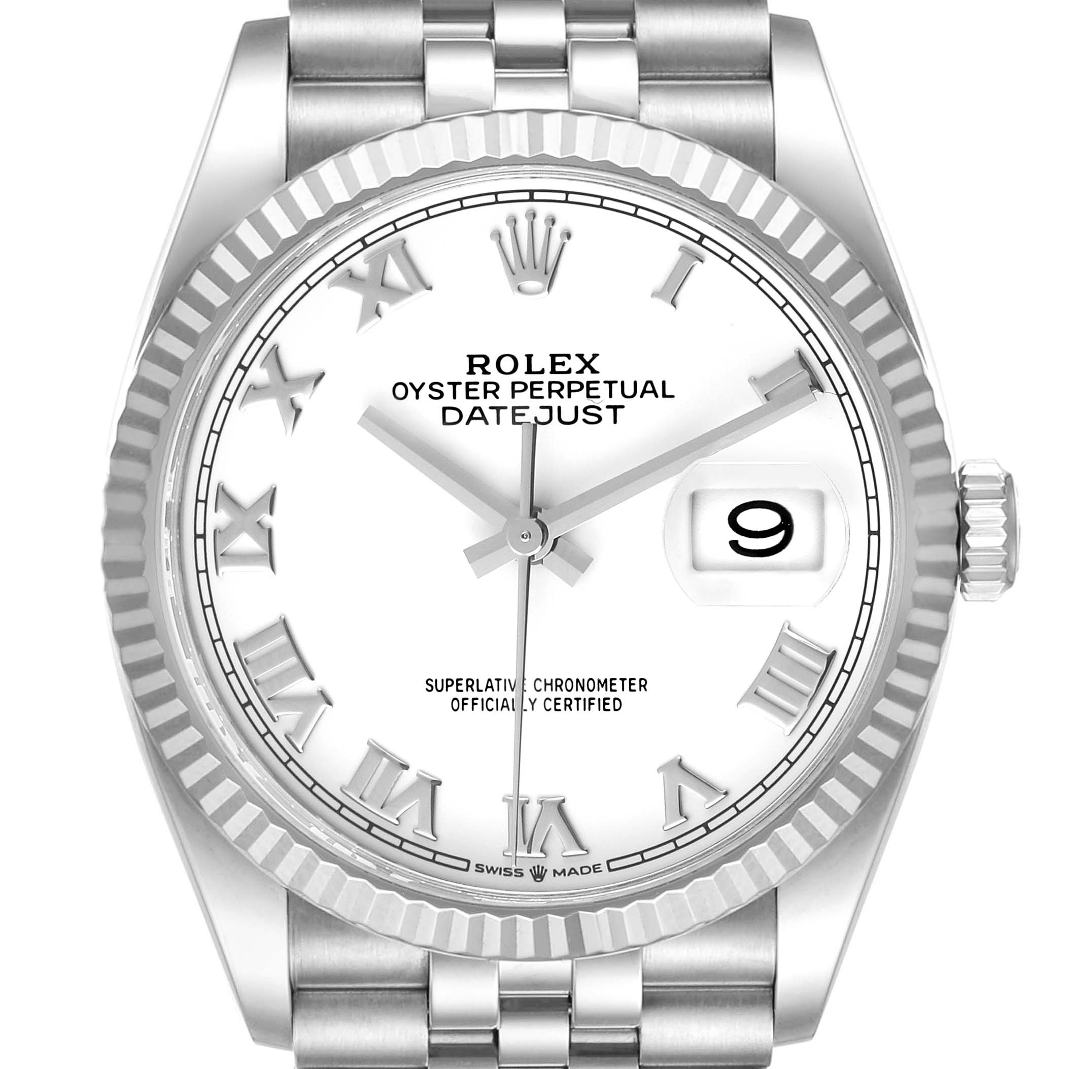 The image shows a front view of the Rolex Datejust 126234 Men's Stainless Steel White Dial 126234 Men's Stainless Steel White Dial watch, highlighting the dial, bezel, crown, and part of the bracelet.