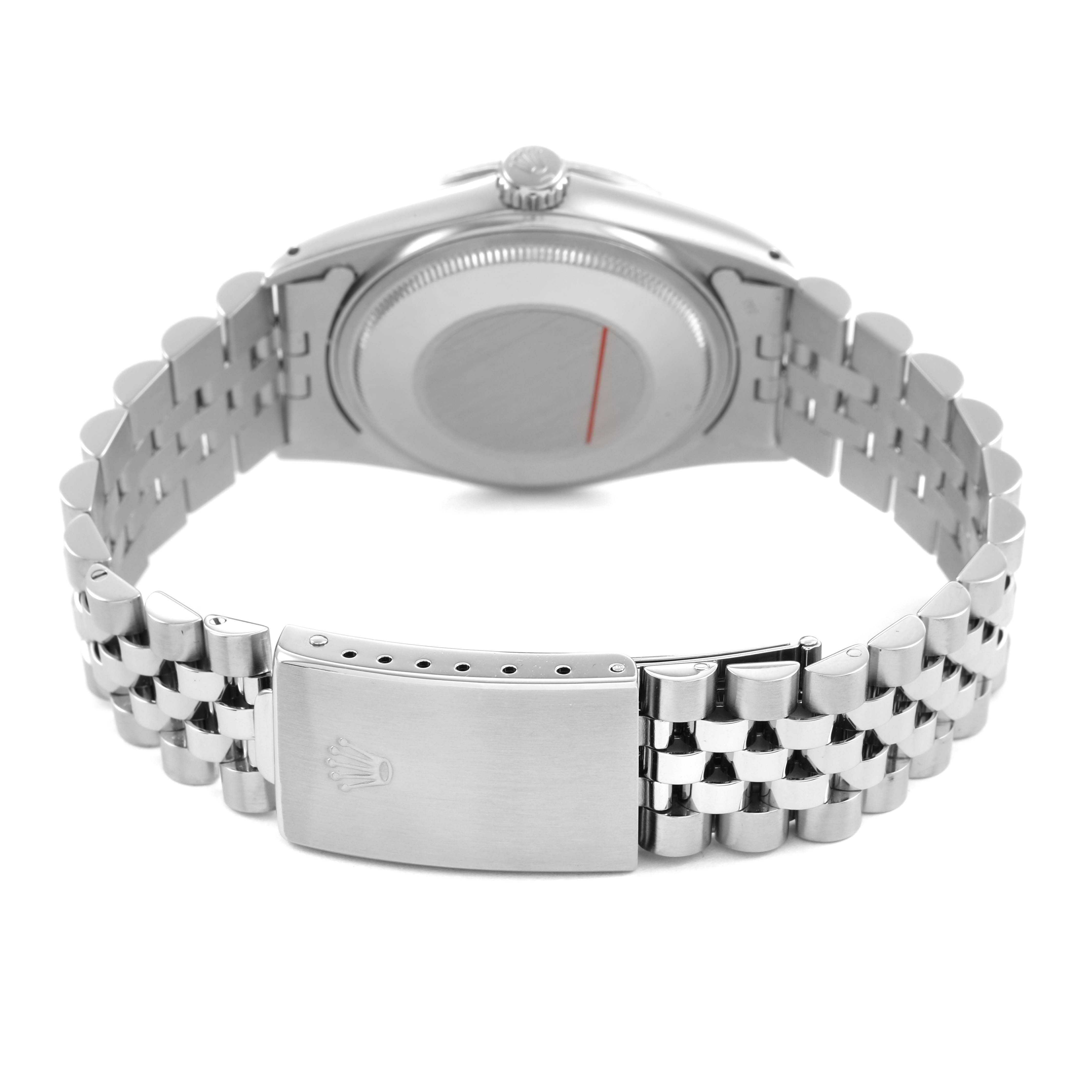 The image shows the clasp and bracelet of a Rolex Vintage Collection 16014 Men's Stainless Steel Silver Dial watch from the back, emphasizing the polished links.