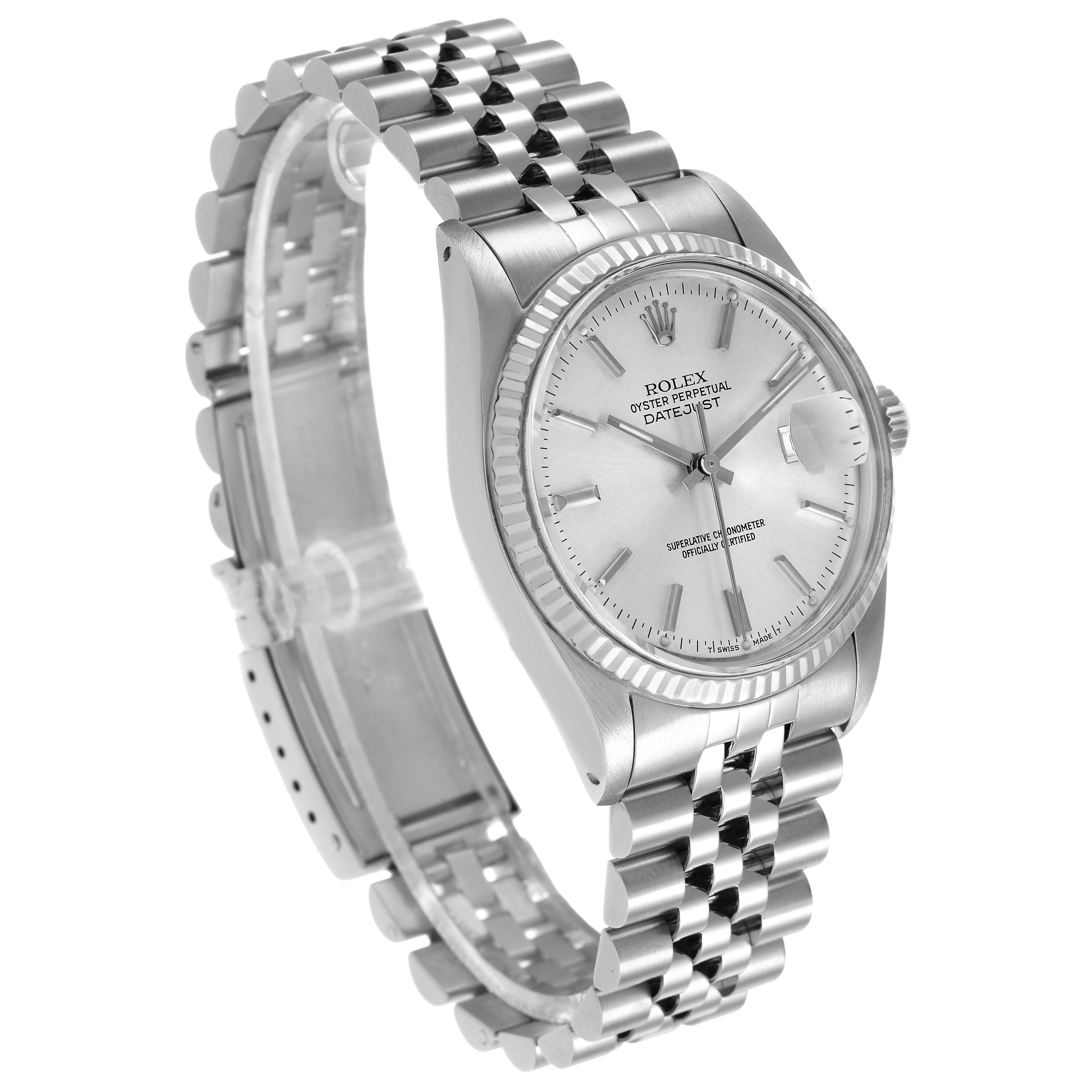 The Rolex Vintage Collection 16014 Men's Stainless Steel Silver Dial watch is shown at a three-quarter angle, displaying the face, bezel, and bracelet.