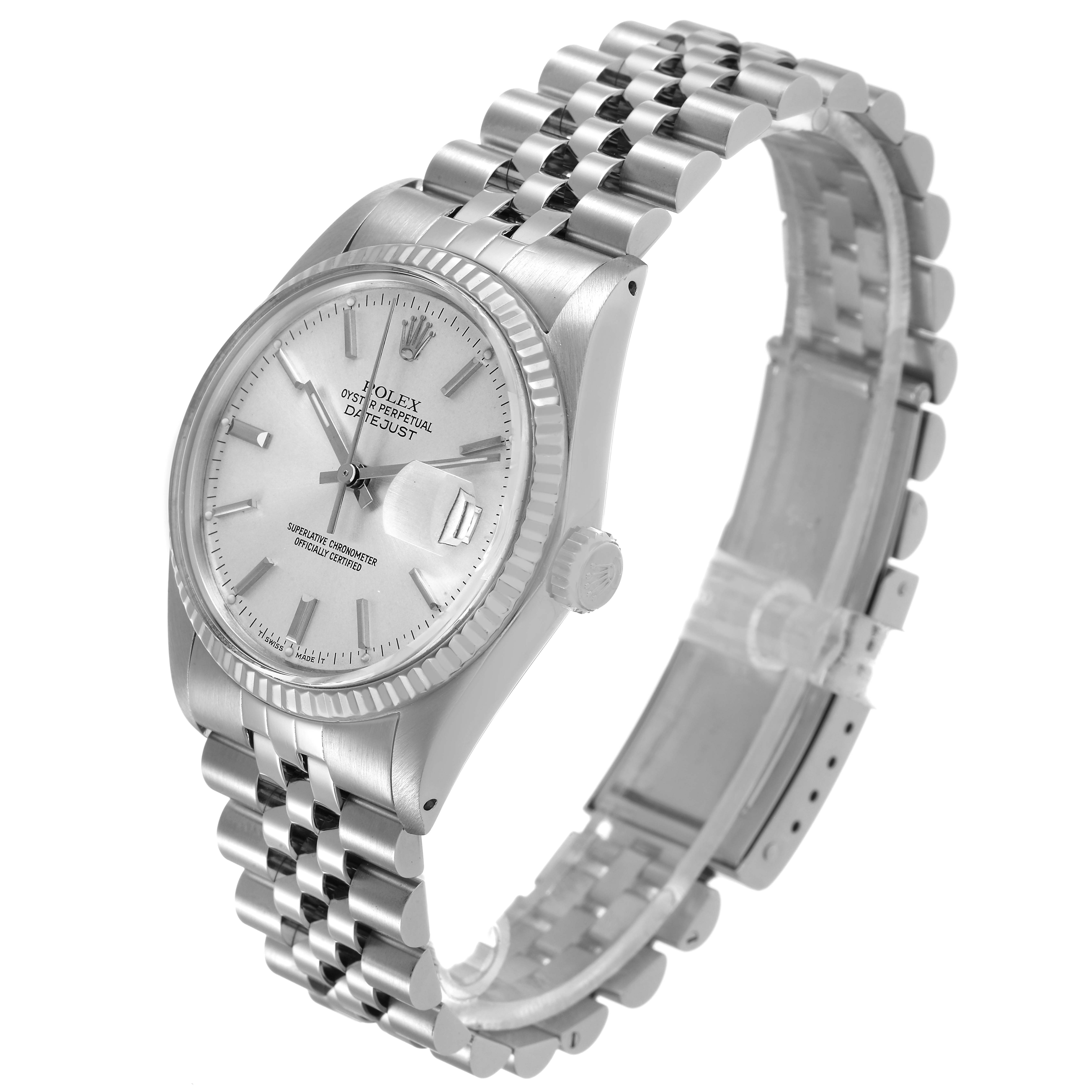 The Rolex Vintage Collection 16014 Men's Stainless Steel Silver Dial model is shown from a tilted angle, displaying its face, bracelet, and crown.