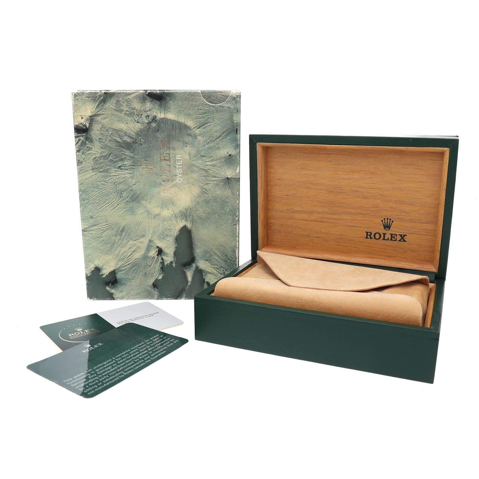 The image shows a Rolex Vintage Collection 16014 Men's Stainless Steel Silver Dial watch box, outer box, and authenticity cards, viewed from the front.