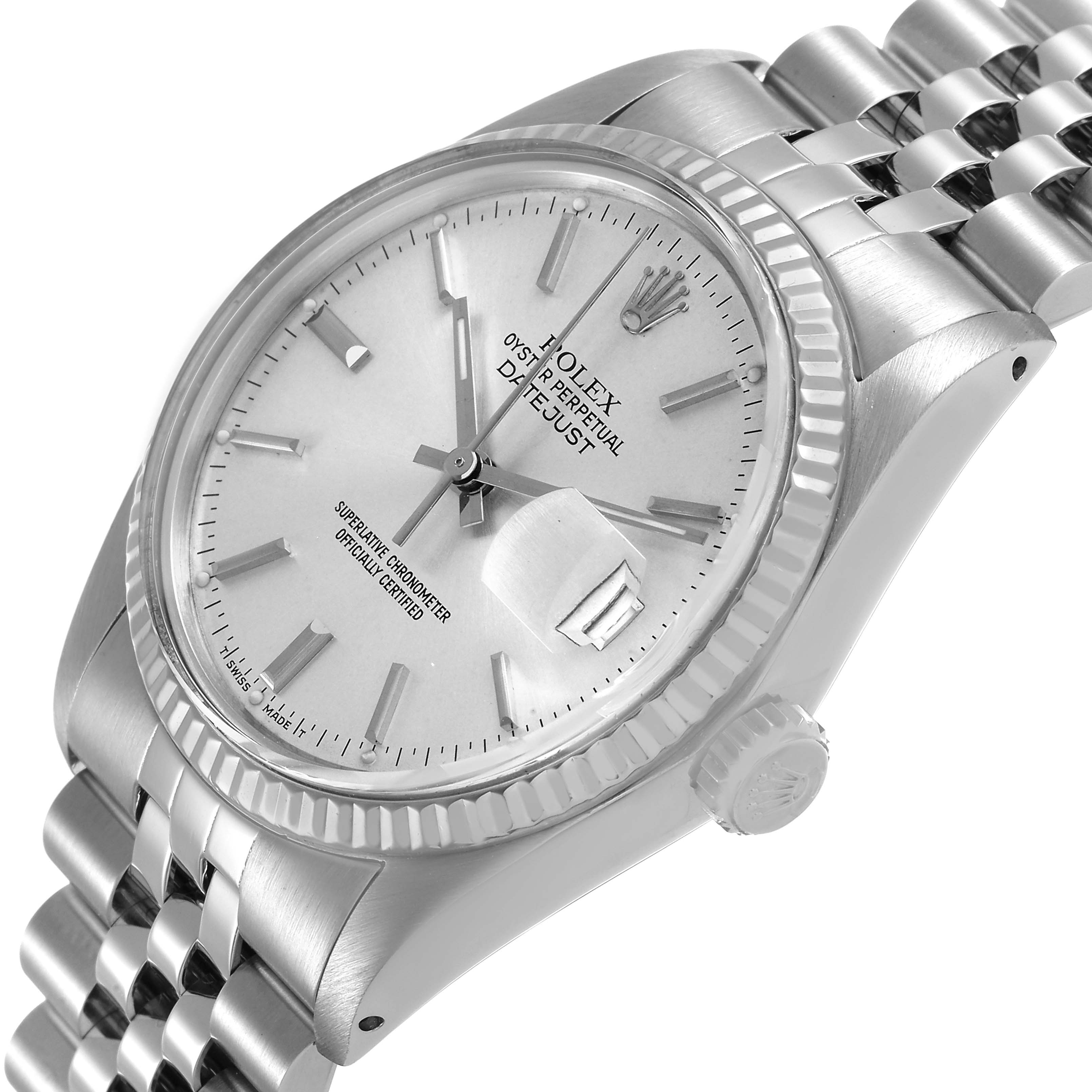 The image features a Rolex Vintage Collection 16014 Men's Stainless Steel Silver Dial watch angled to show the dial, case, crown, and part of the bracelet.