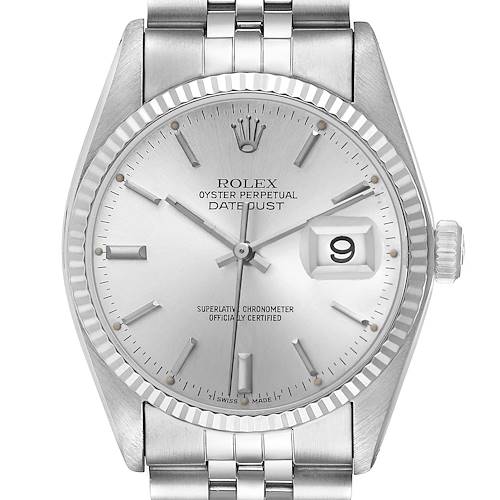 The Rolex Vintage Collection 16014 Men's Stainless Steel Silver Dial watch is shown from a front angle, featuring the face, bezel, date window, and part of the bracelet.