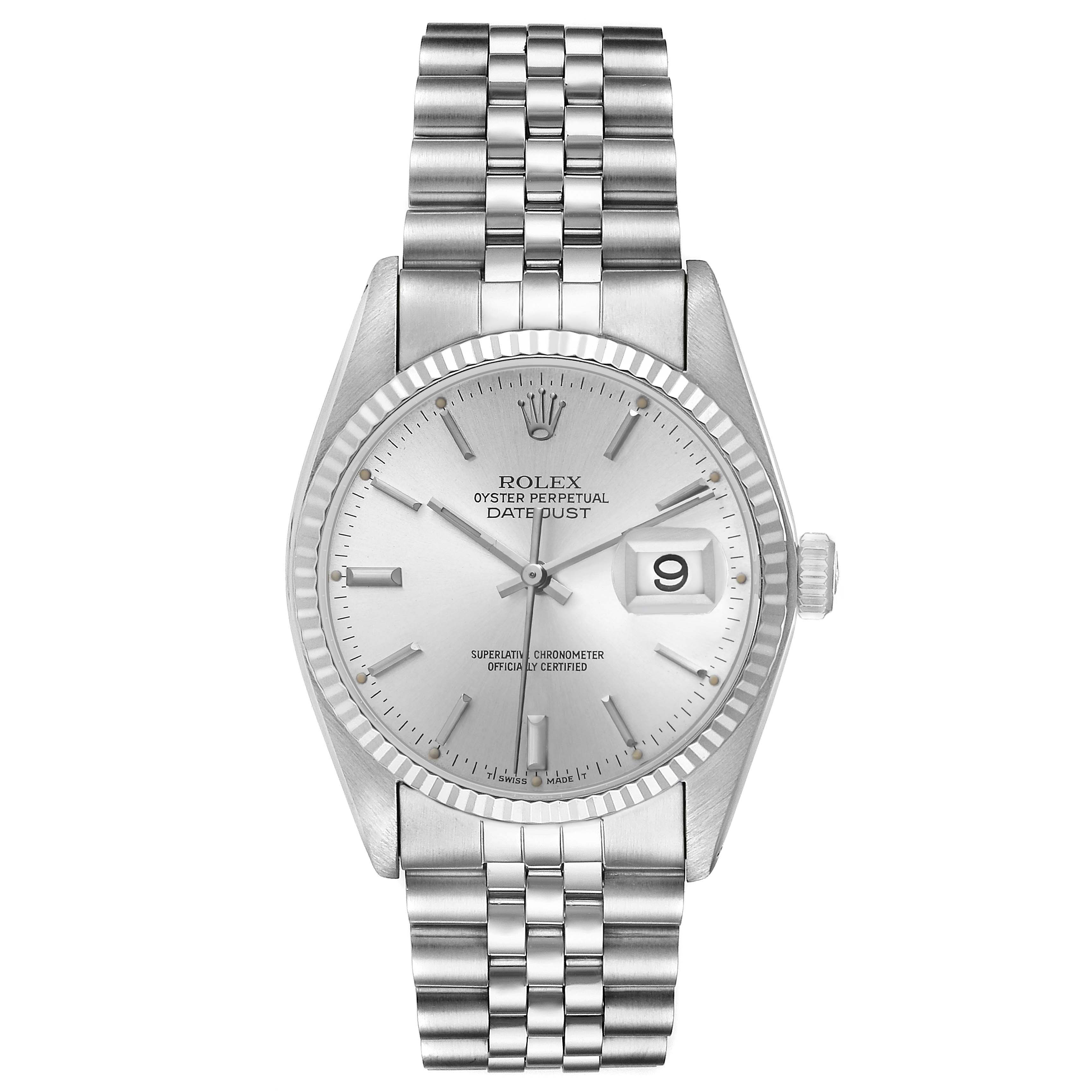 The Rolex Vintage Collection 16014 Men's Stainless Steel Silver Dial watch is shown from a top-down angle, displaying its face, bezel, and bracelet clearly.
