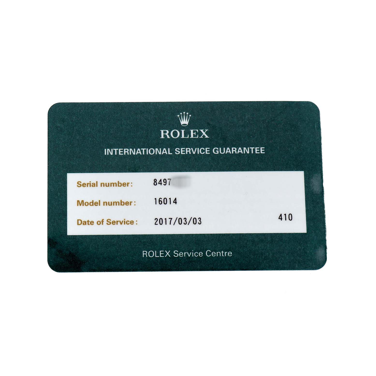 The image shows a Rolex International Service Guarantee card for the Vintage Collection model.