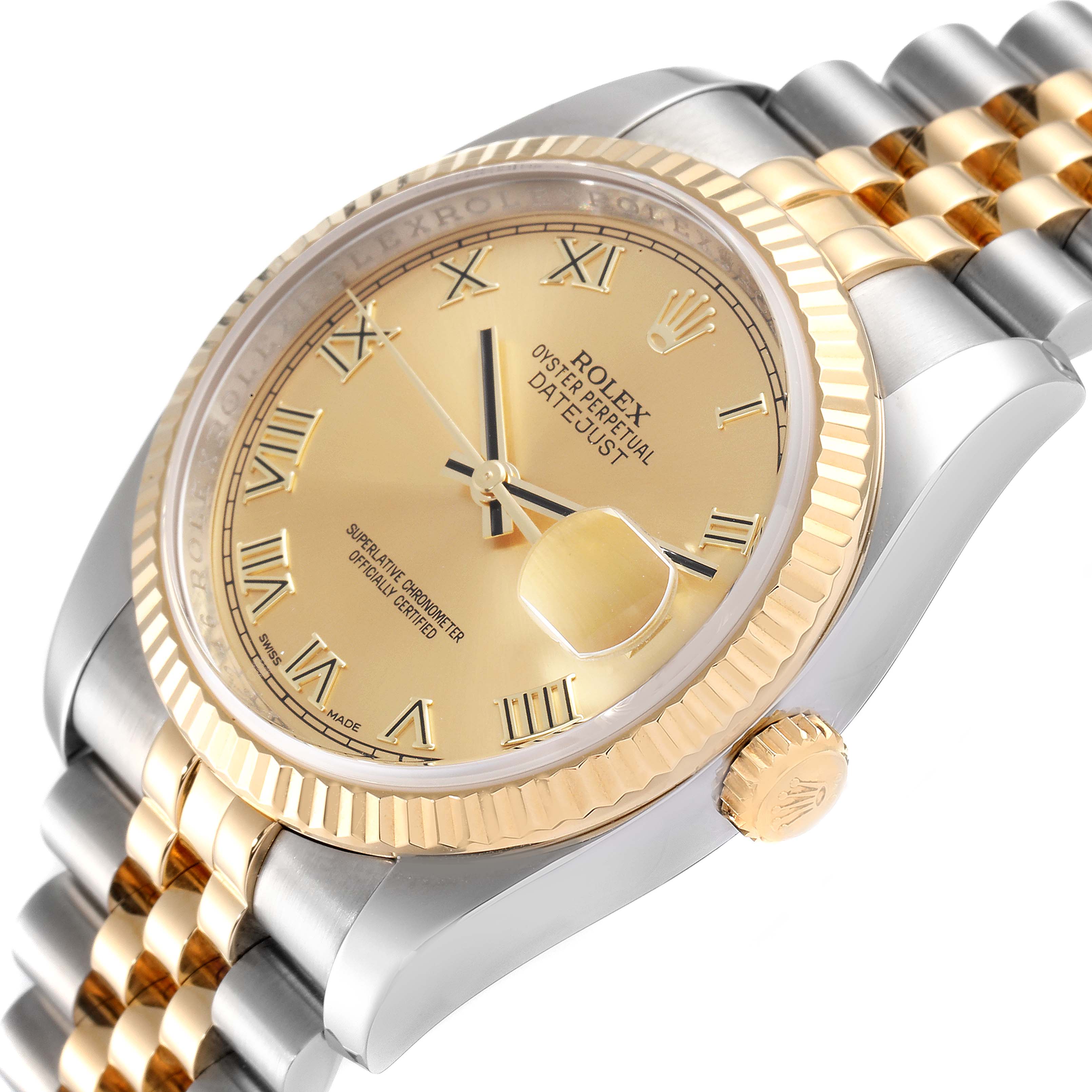 The image shows a Rolex Datejust 116233 Men's Steel and Gold (two tone) Champagne Dial 116233 Men's Steel and Gold (two tone) Champagne Dial watch at an angled close-up, featuring the dial, bezel, crown, and part of the bracelet.