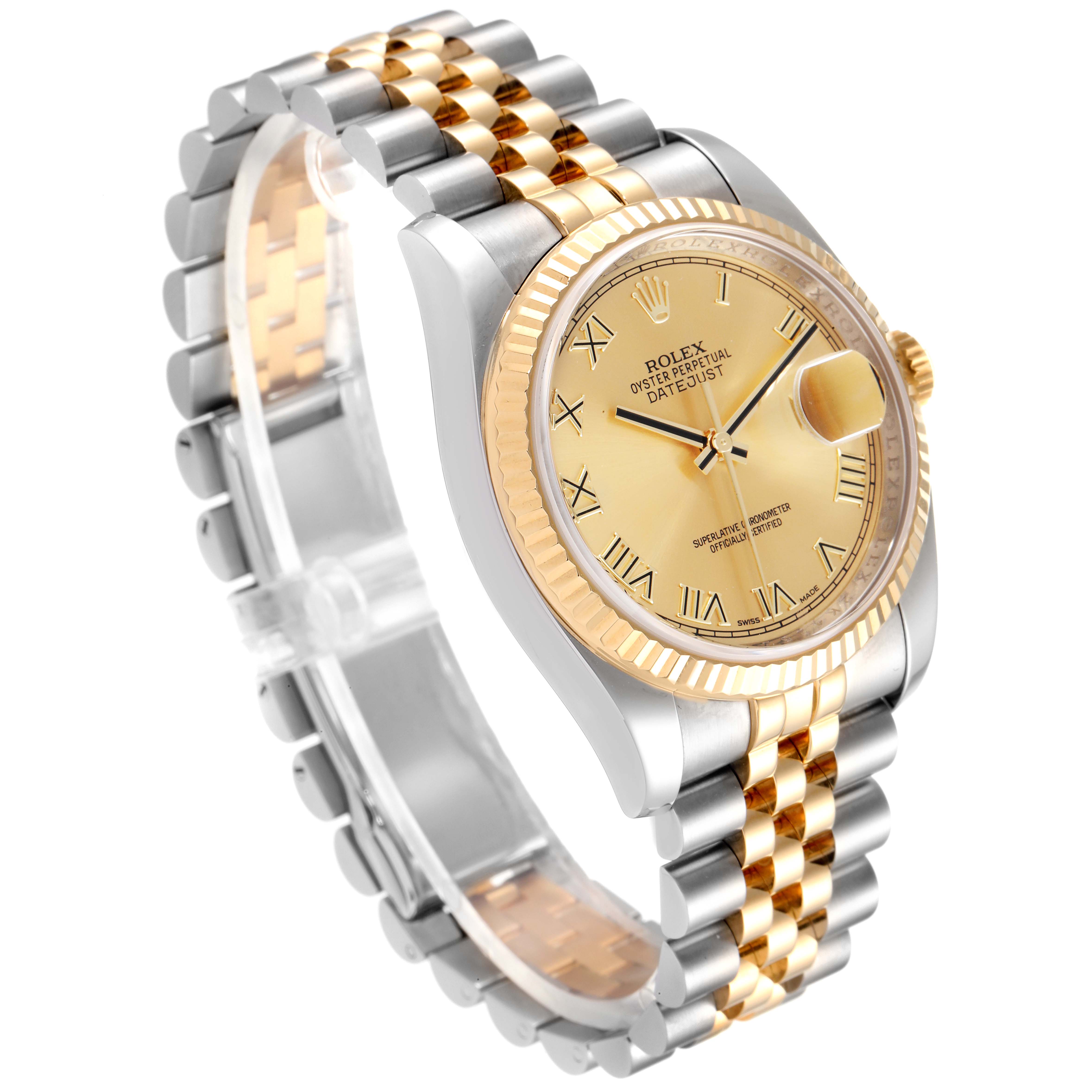The image shows a Rolex Datejust 116233 Men's Steel and Gold (two tone) Champagne Dial 116233 Men's Steel and Gold (two tone) Champagne Dial watch at a three-quarter angle, highlighting the face, bezel, and two-tone bracelet.