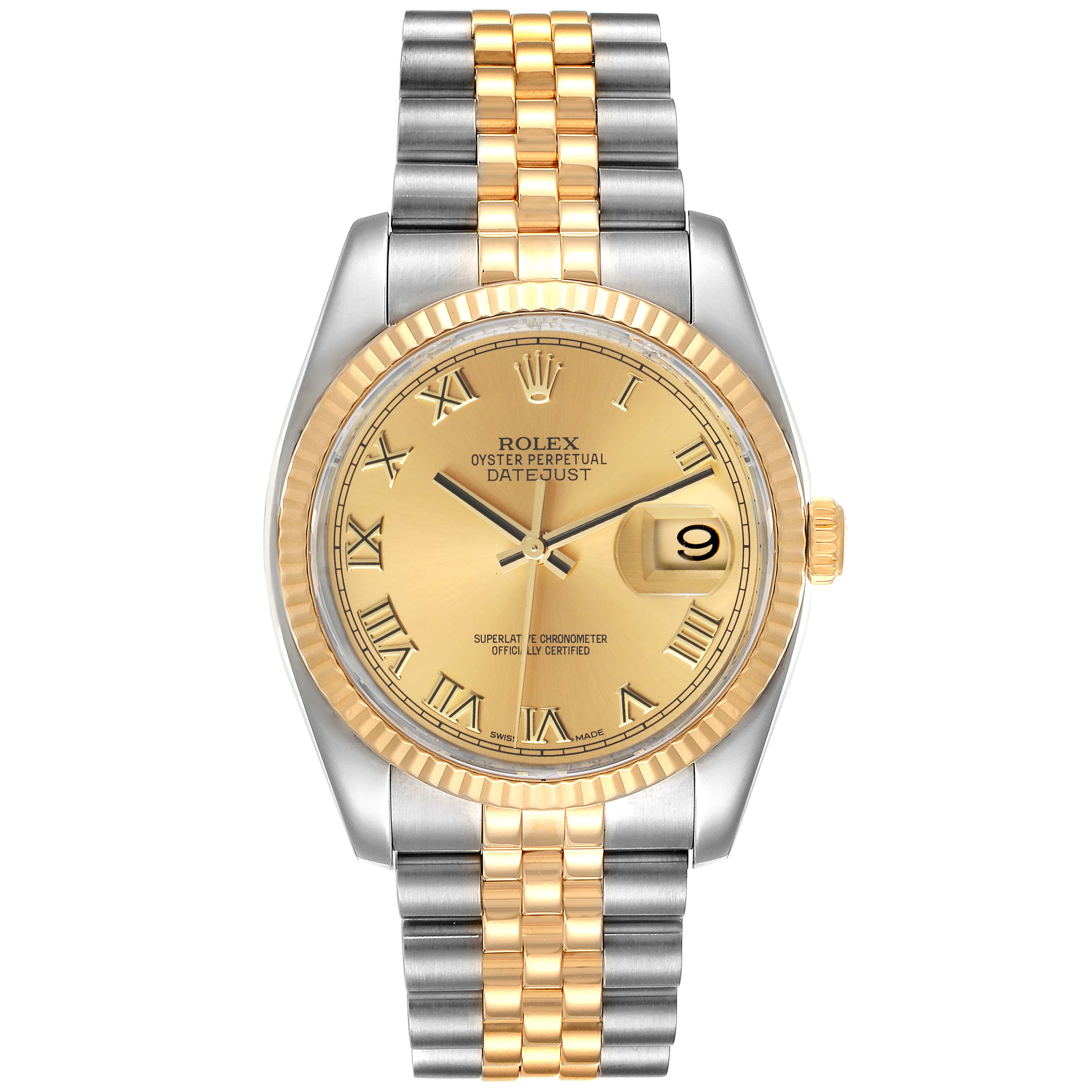 This image shows a Rolex Datejust 116233 Men's Steel and Gold (two tone) Champagne Dial 116233 Men's Steel and Gold (two tone) Champagne Dial watch from a front view, highlighting its gold dial, two-tone bracelet, and date display.