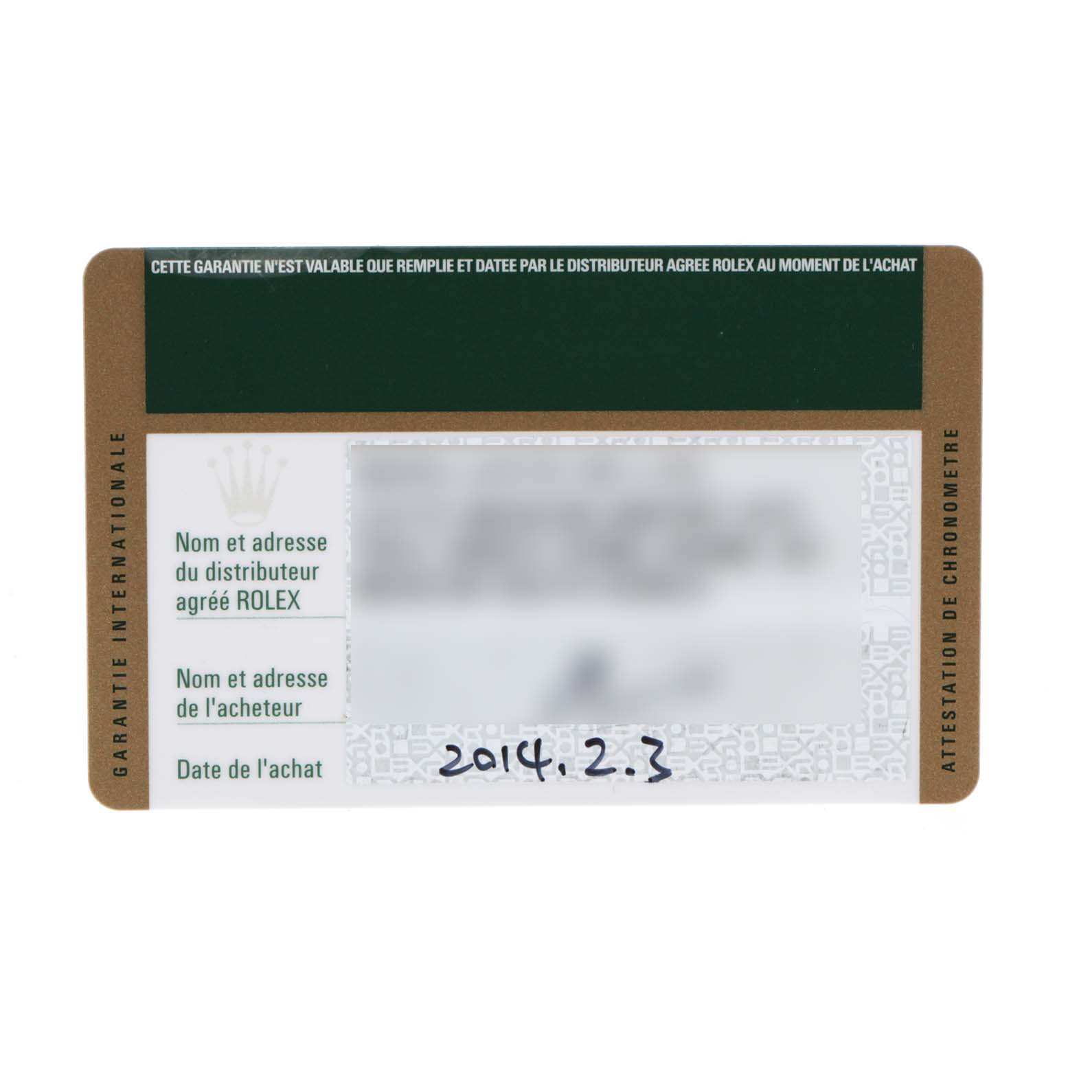 This image shows the warranty card for a Rolex Datejust 116233 Men's Steel and Gold (two tone) Champagne Dial 116233 Men's Steel and Gold (two tone) Champagne Dial watch, providing purchase and distributor information.
