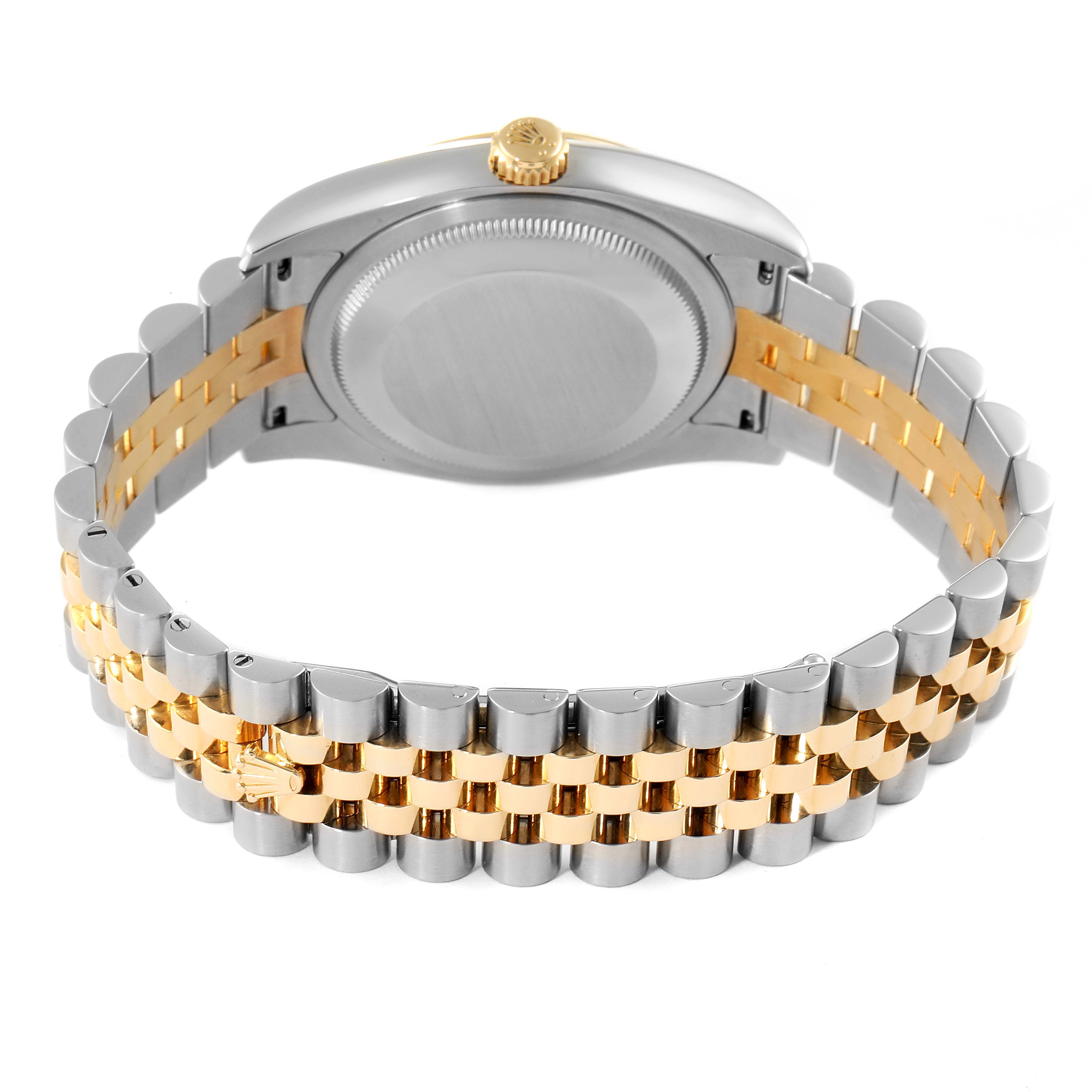 The image shows the back and side of a Rolex Datejust 116233 Men's Steel and Gold (two tone) Champagne Dial 116233 Men's Steel and Gold (two tone) Champagne Dial watch, focusing on the two-tone bracelet and caseback.