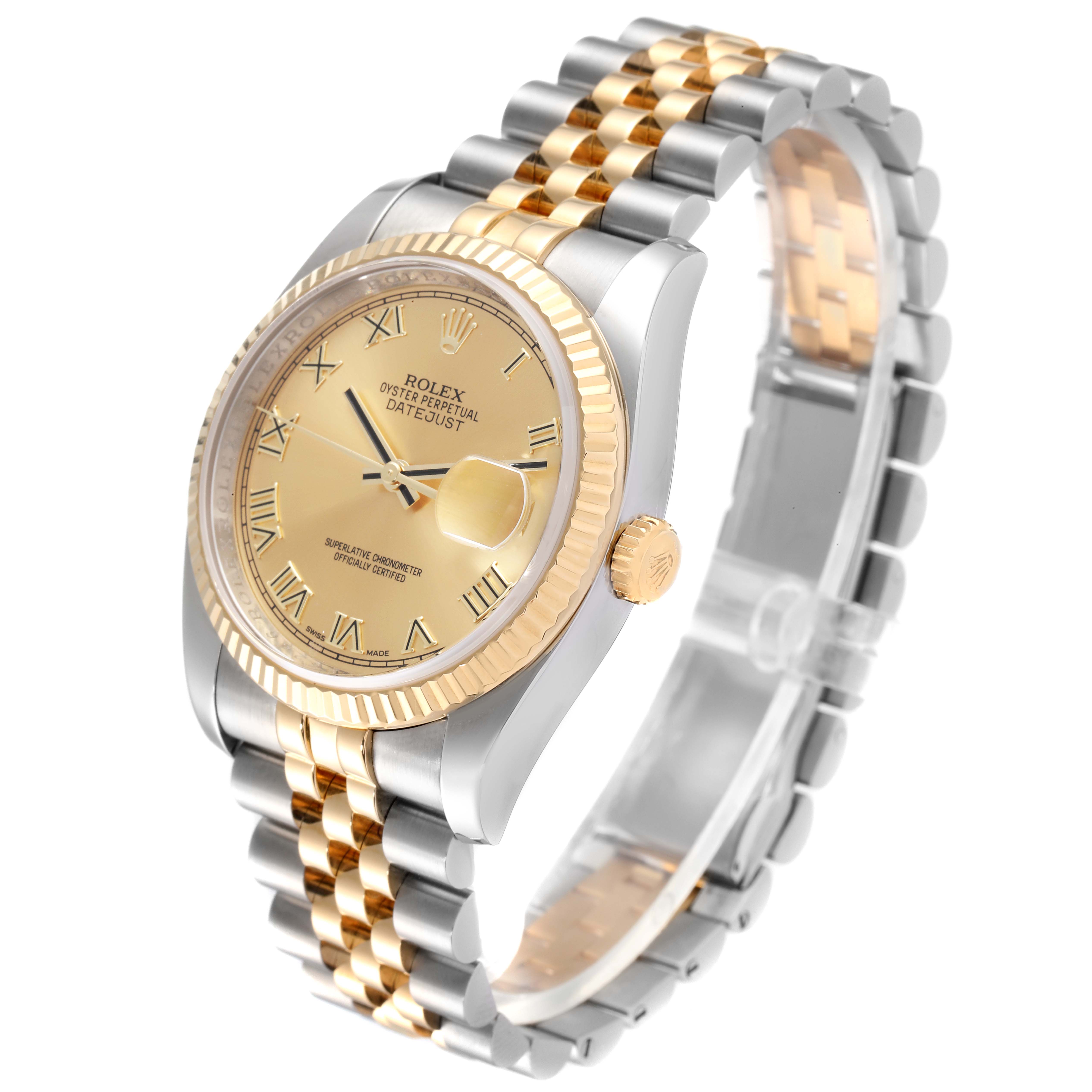 The image shows a Rolex Datejust 116233 Men's Steel and Gold (two tone) Champagne Dial 116233 Men's Steel and Gold (two tone) Champagne Dial watch at an angle highlighting its dial, bezel, and two-tone bracelet.