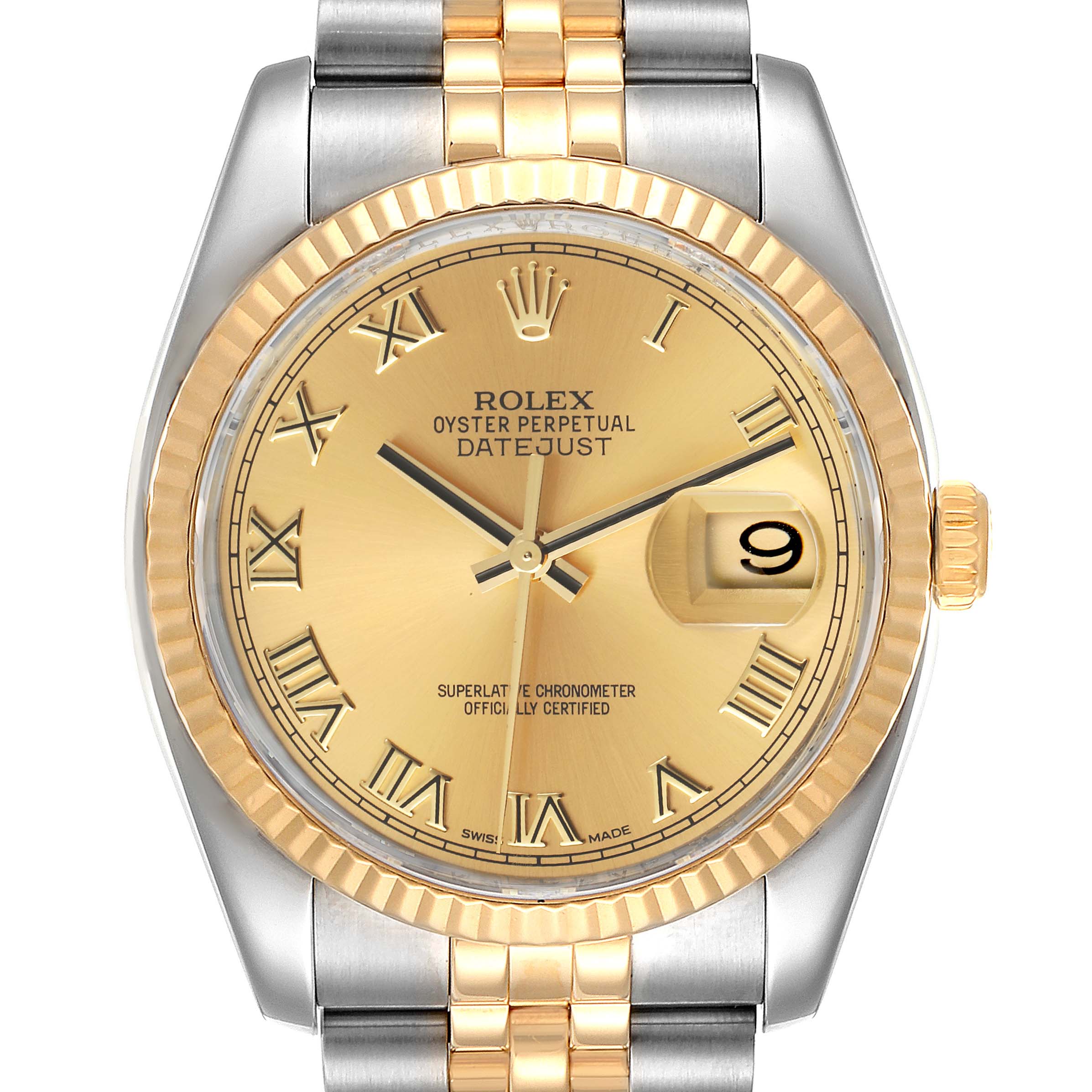 The image shows a front view of a Rolex Datejust 116233 Men's Steel and Gold (two tone) Champagne Dial 116233 Men's Steel and Gold (two tone) Champagne Dial watch, highlighting its dial, hands, bezel, and date window.