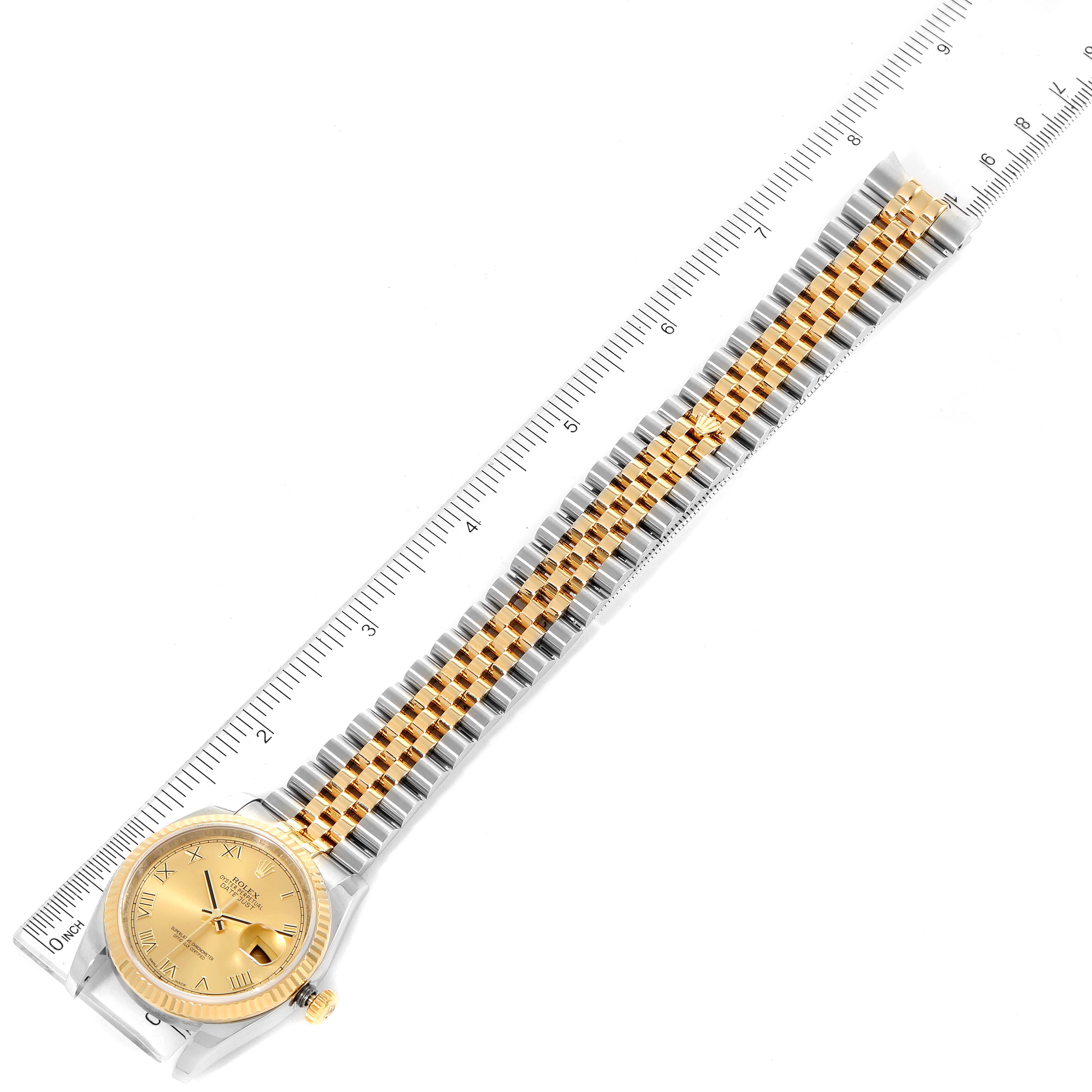 The image shows a top-down view of a Rolex Datejust 116233 Men's Steel and Gold (two tone) Champagne Dial 116233 Men's Steel and Gold (two tone) Champagne Dial with its face, bezel, and two-tone bracelet placed beside a ruler.