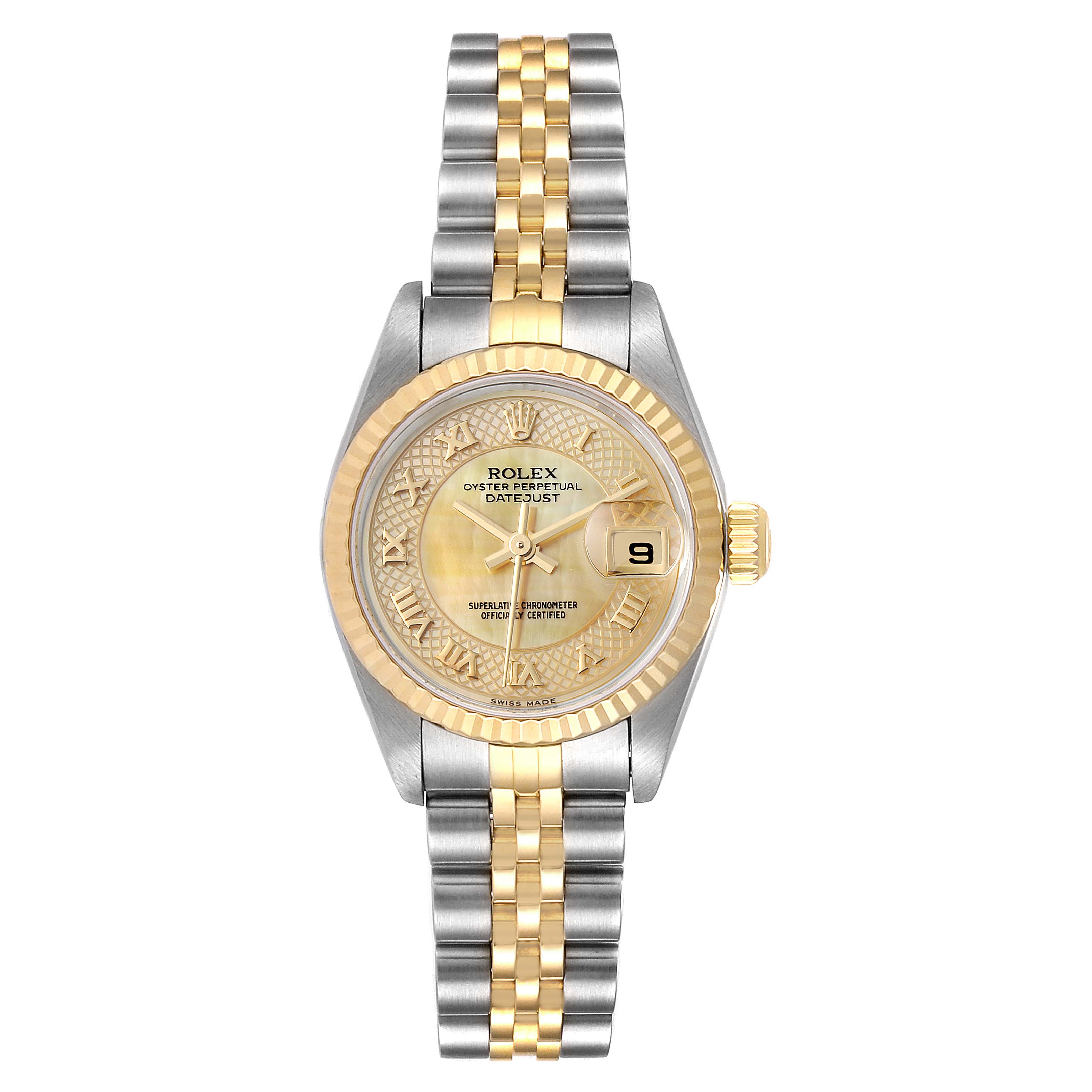 The image shows a front view of a Rolex Datejust 79173 Women
s Steel and Gold (two tone) Mother of Pearl Dial 79173 Women
s Steel and Gold (two tone) Mother of Pearl Dial watch, featuring a gold and silver two-tone bracelet and a gold fluted bezel.