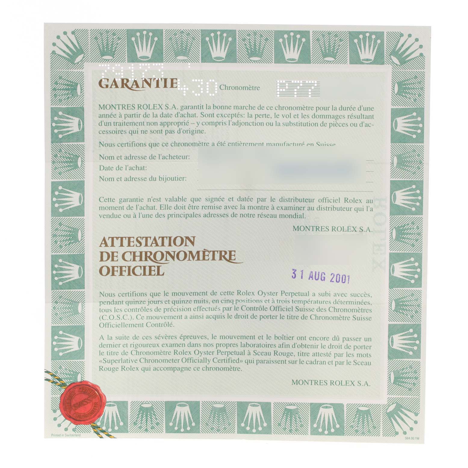The image shows a warranty certificate for the Rolex Datejust 79173 Women
s Steel and Gold (two tone) Mother of Pearl Dial 79173 Women
s Steel and Gold (two tone) Mother of Pearl Dial model, featuring the official certification and purchase details.