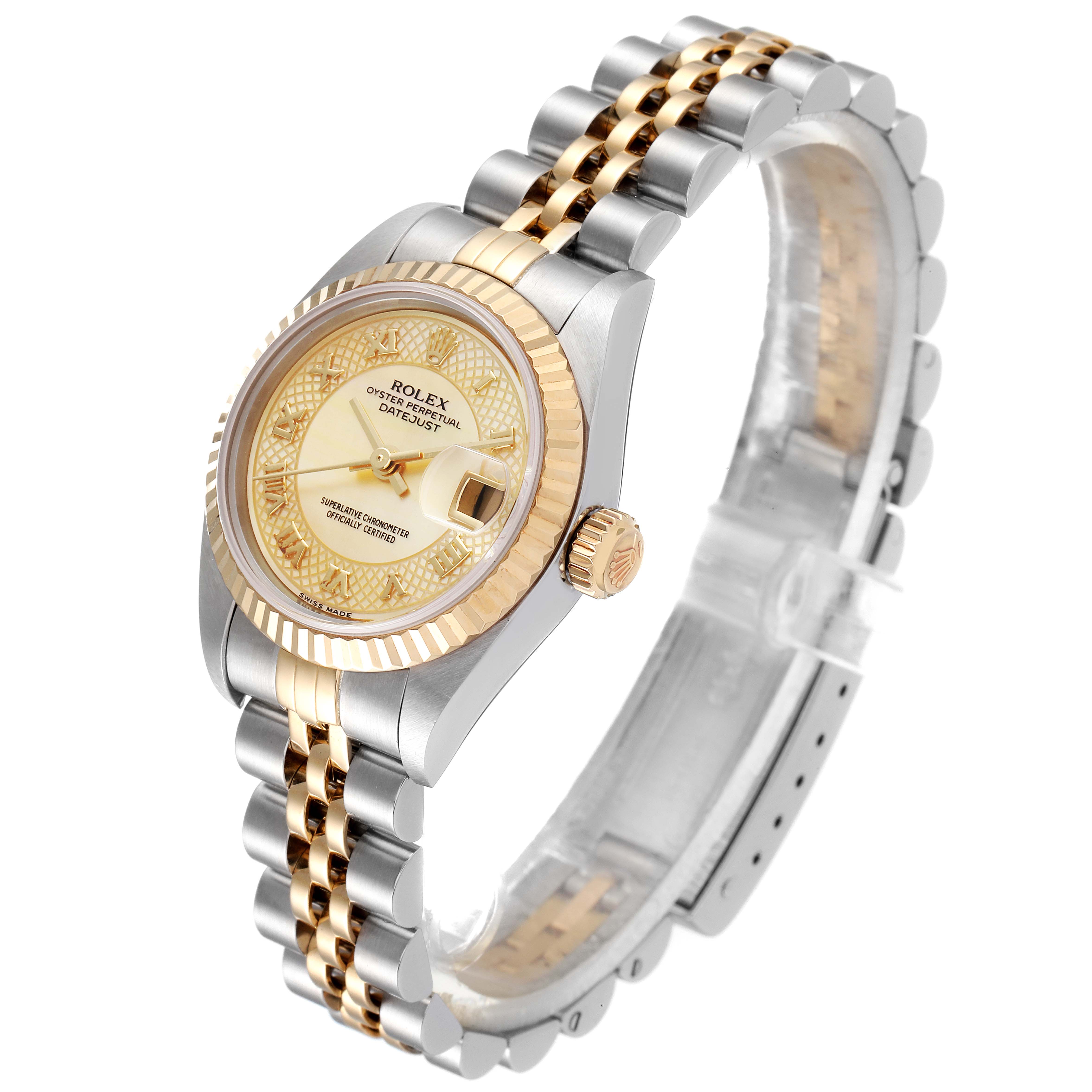 This image shows a side profile angle of a Rolex Datejust 79173 Women
s Steel and Gold (two tone) Mother of Pearl Dial 79173 Women
s Steel and Gold (two tone) Mother of Pearl Dial watch, highlighting the case, bezel, dial, and bracelet.