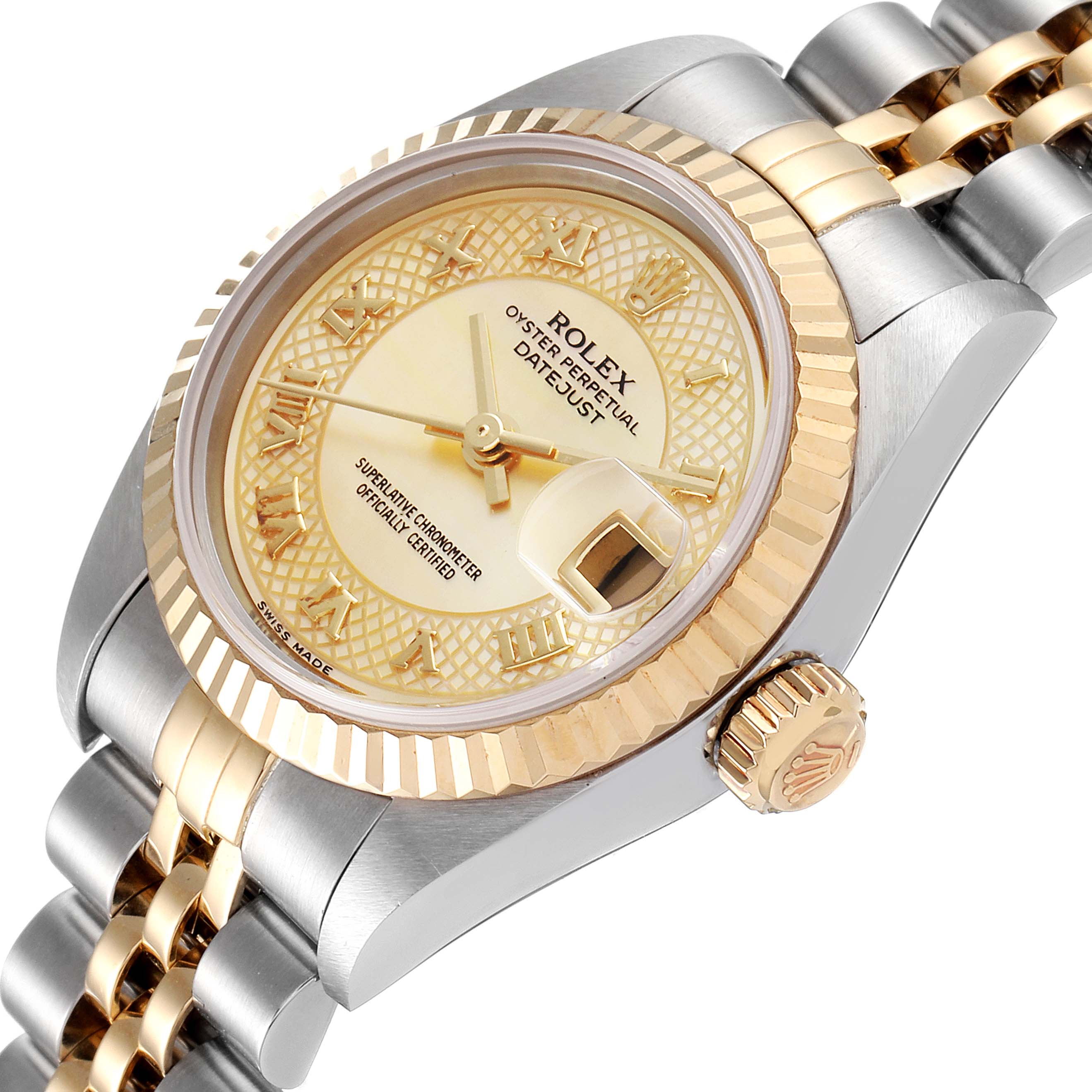 This image shows a close-up angle of a Rolex Datejust 79173 Women
s Steel and Gold (two tone) Mother of Pearl Dial 79173 Women
s Steel and Gold (two tone) Mother of Pearl Dial watch, highlighting the dial, bezel, and part of the bracelet.