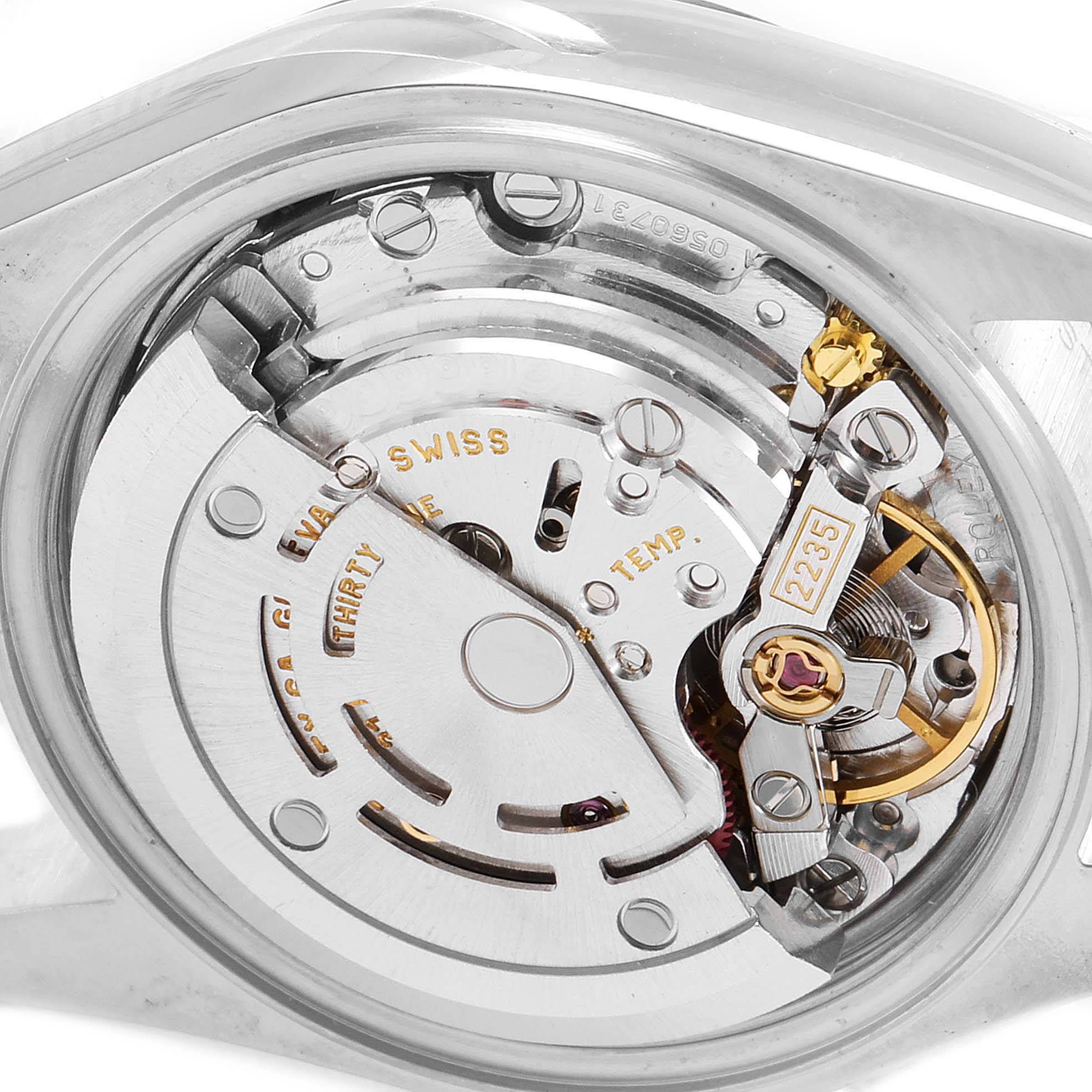 The image shows the movement mechanism of a Rolex Datejust 79173 Women
s Steel and Gold (two tone) Mother of Pearl Dial 79173 Women
s Steel and Gold (two tone) Mother of Pearl Dial watch viewed from the back.