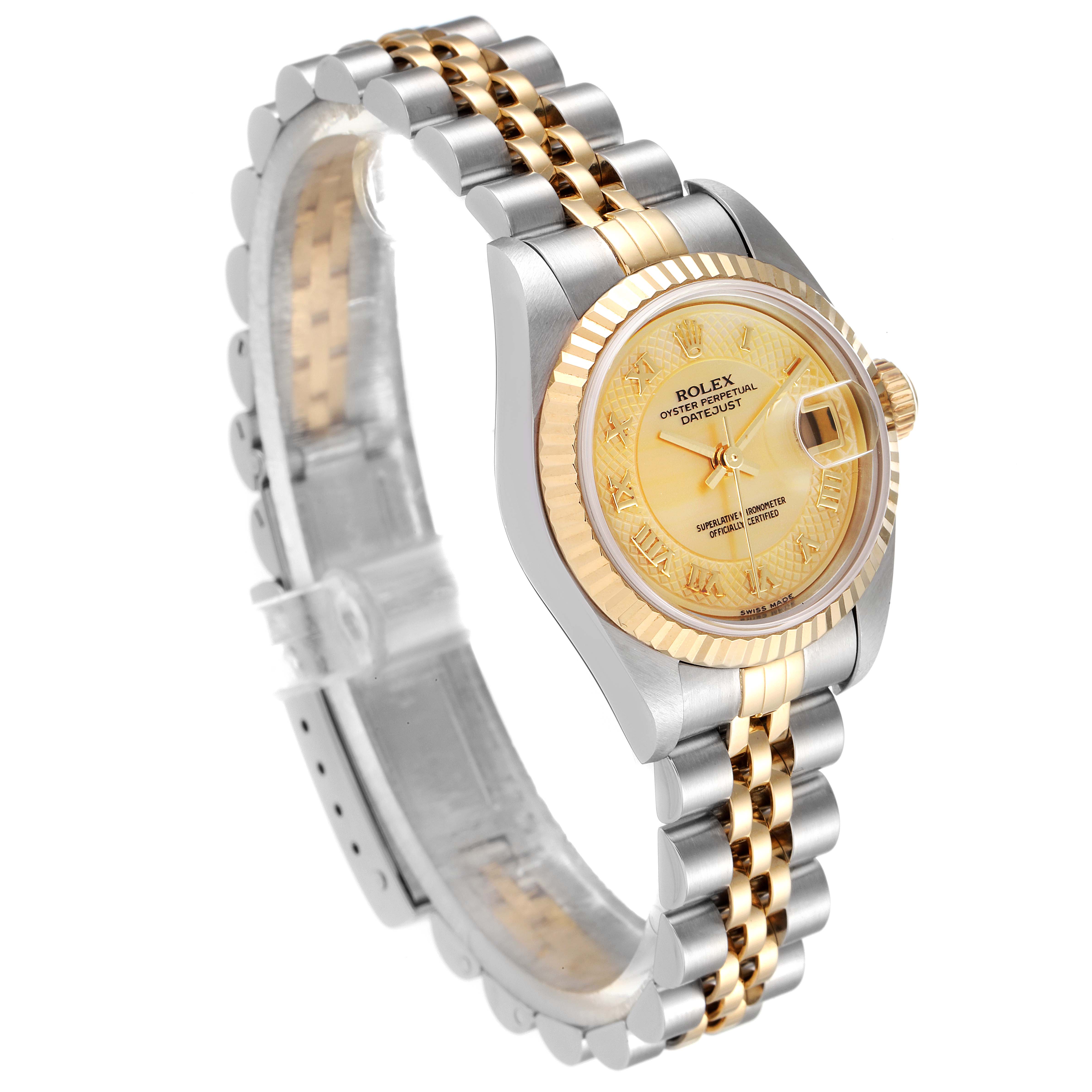 This is a side-angle view of a Rolex Datejust 79173 Women
s Steel and Gold (two tone) Mother of Pearl Dial 79173 Women
s Steel and Gold (two tone) Mother of Pearl Dial watch, showcasing its two-tone bracelet and fluted bezel.