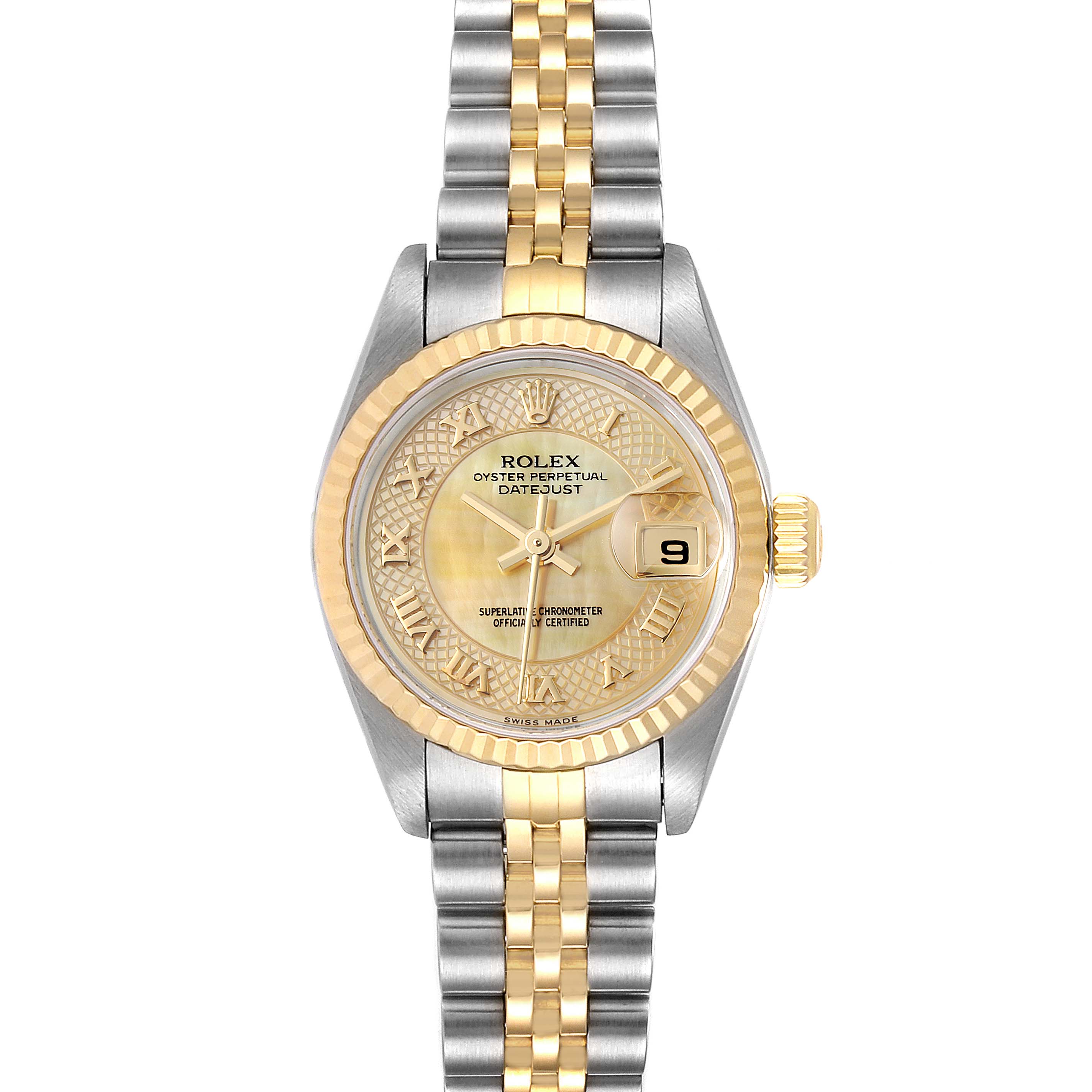 The image shows a front view of a Rolex Datejust 79173 Women
s Steel and Gold (two tone) Mother of Pearl Dial 79173 Women
s Steel and Gold (two tone) Mother of Pearl Dial watch featuring a two-tone bracelet, a gold dial, and a date window.